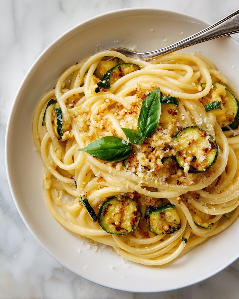 A close-up view of a white plate filled with long, thick spaghetti noodles twisted in a circular shape, coated lightly in a golden sauce. On top, there are small pieces of browned, grilled zucchini with visible char marks, mixed with melted cheese that looks slightly bubbly and golden. In addition, some grated cheese is sprinkled unevenly over the dish. A small green basil leaf garnishes one side of the plate, next to a silver fork resting on the edge. The plate sits on a white marbled surface. Photo taken with an iphone --ar 4:5 --v 7