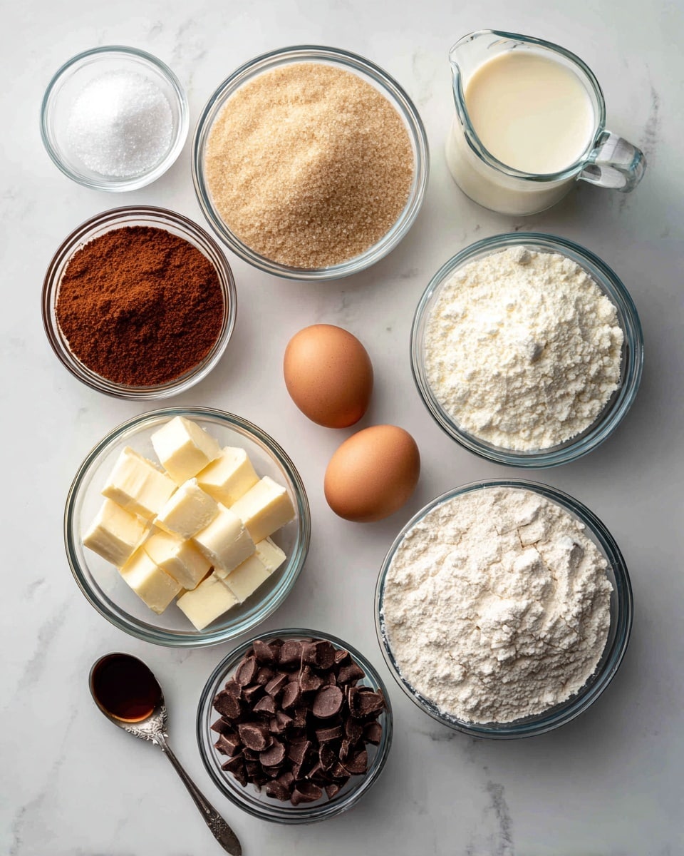 The image shows nine clear glass bowls and one glass measuring cup arranged on a white marbled surface. From top left moving right, there is a small bowl with white salt, a larger bowl filled with light brown sugar, and a glass measuring cup with light cream-colored milk. Below the salt, a small bowl contains white granulated sugar, next to it a small bowl filled with reddish-brown cinnamon powder. At the center, a clear bowl holds two brown eggs. Below the cinnamon, a bowl has several chunks of pale yellow butter. Next to the butter, a bowl with dark brown chocolate chips, and to the right, a bowl is filled with white flour. At the bottom left corner, there is a small silver spoon with dark brown vanilla extract. The arrangement is neat and evenly spaced, emphasizing the different textures and soft, natural colors of the baking ingredients. photo taken with an iphone --ar 4:5 --v 7
