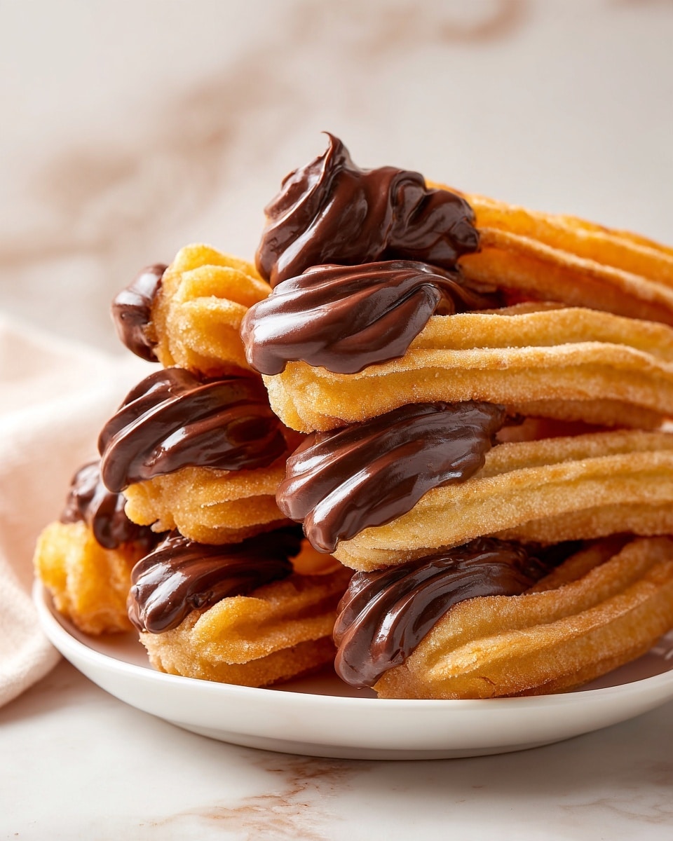 A white plate filled with many churros, each one thick and ridged with a golden brown color, is stacked in two layers. Each churro is topped with a swirl of dark, shiny chocolate cream that looks smooth and thick, placed neatly at one end of the churros. The plate is held at an angle, showing the creamy chocolate textures and the crunchy churros closely packed together. The background has a soft, white marbled look that makes the warm tones of the churros and dark chocolate stand out. photo taken with an iphone --ar 4:5 --v 7