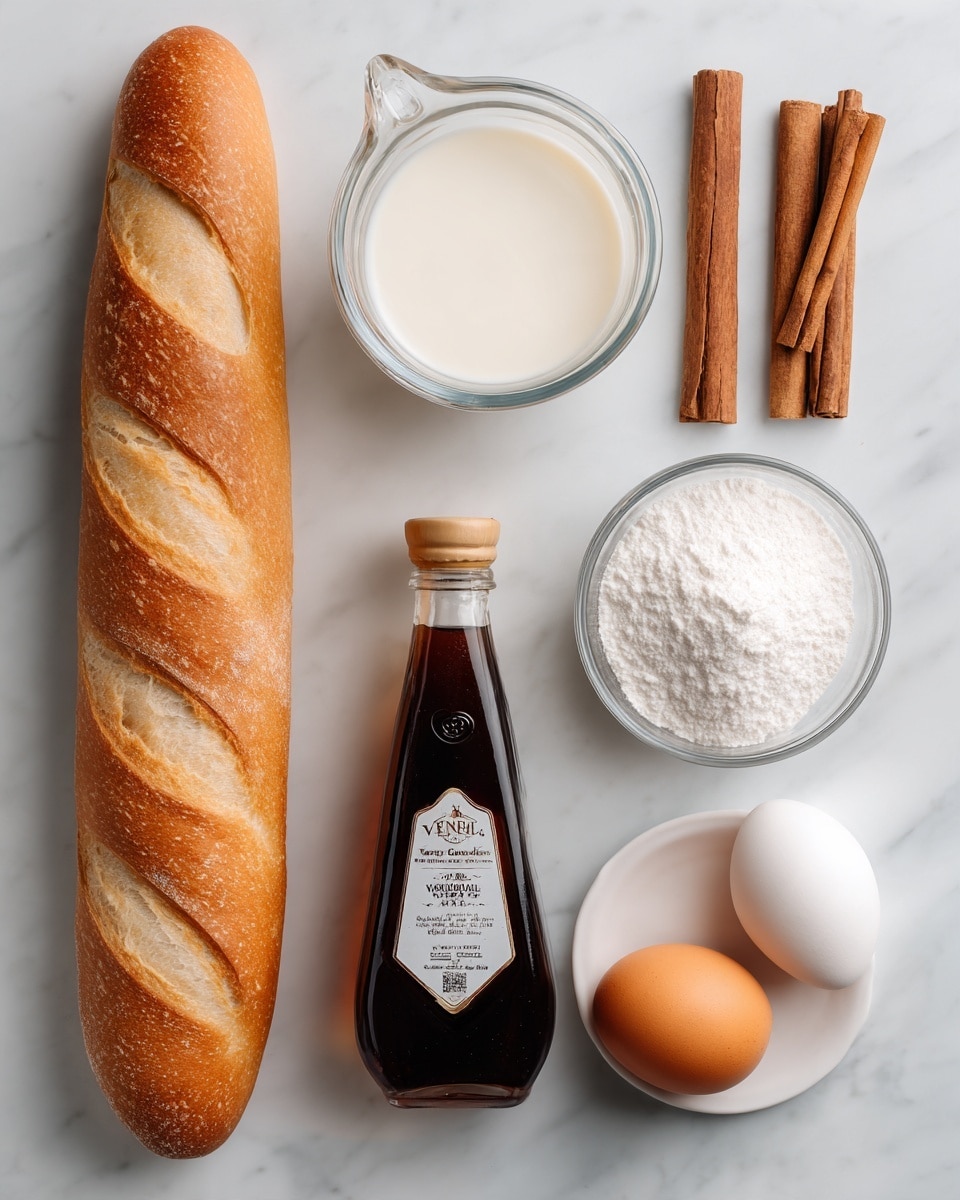 square image The image shows a group of ingredients arranged neatly on a white marbled surface. On the left is a long, light brown baguette with three diagonal cuts on its crust. To the right of the baguette is a stick of cinnamon, a glass measuring cup filled with white milk, and a small clear bowl full of white sugar. Below these is a dark brown bottle of vanilla extract with a white label, an orange, and a small white dish holding two white eggs. The items are evenly spaced and neatly organized, creating a clean and simple layout photo taken with an iphone --ar 4:5 --v 7