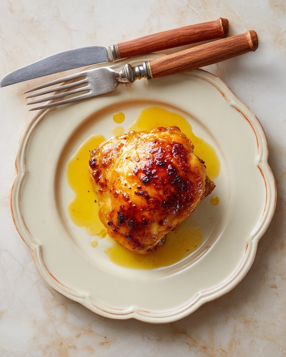 square image A single golden-brown piece of roasted chicken with a crispy, slightly charred skin rests in the center of a white plate with a scalloped edge and a beige center. Surrounding the chicken are small pools of shiny yellow oil or sauce. The plate sits on a white marbled surface. Above the plate, there is a wooden-handled fork and knife placed parallel to each other. The lighting is warm, highlighting the texture of the chicken's skin photo taken with an iphone --ar 4:5 --v 7