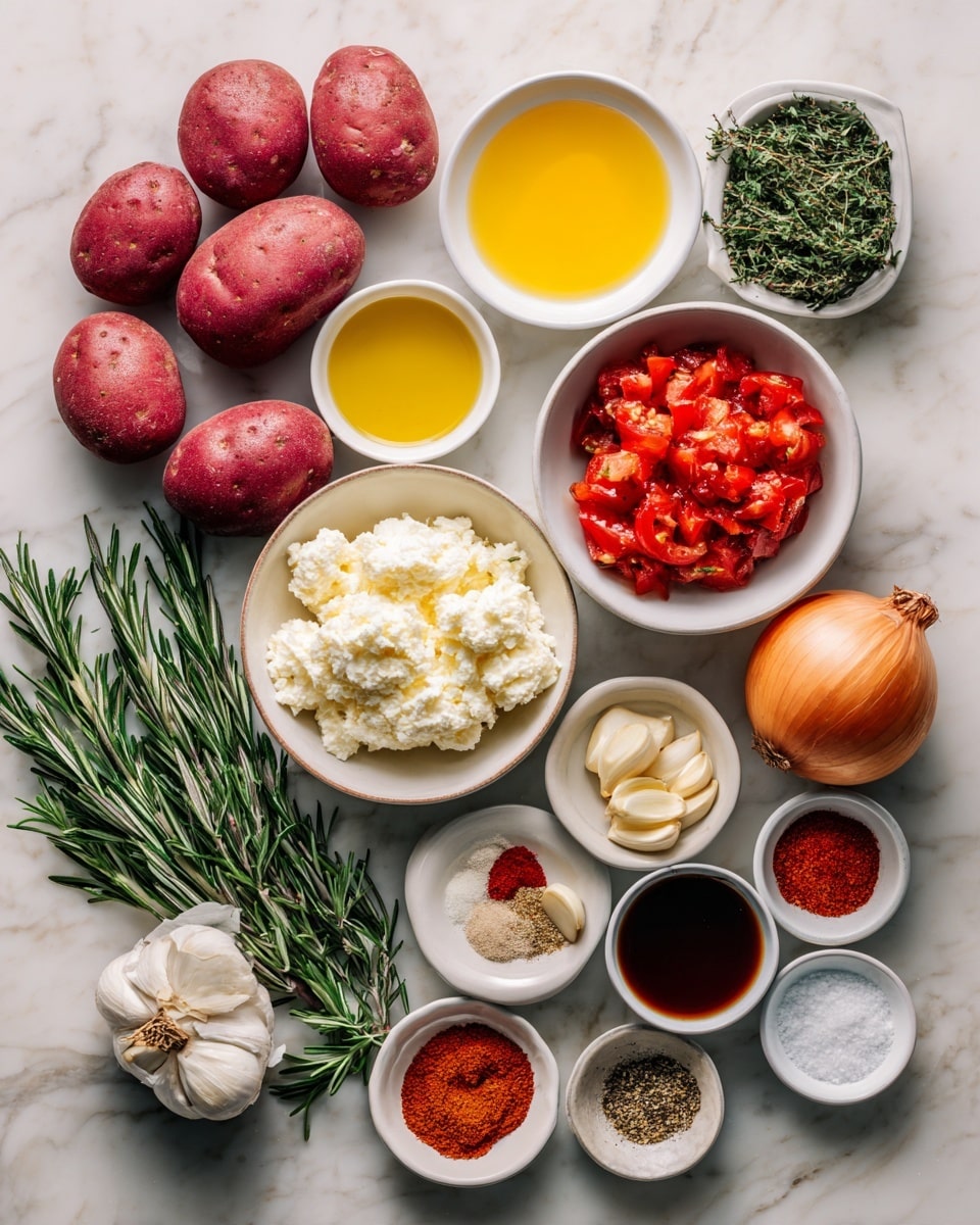 square image The image shows a collection of cooking ingredients arranged neatly on a white marbled surface. There are five whole red potatoes positioned to the left side. Around them, several small white bowls and plates hold different ingredients: golden yellow olive oil, creamy white ricotta cheese, bright red diced tomatoes, and fresh green rosemary sprigs. Also visible are whole garlic cloves on a small white plate, ground spices including paprika and chili powder on another small plate, a whole brown onion, and small bowls with salt, ground cumin, and a dark brown liquid sauce. The colors range from earthy reds and browns to fresh greens and bright reds, neatly organized to show each ingredient clearly. photo taken with an iphone --ar 4:5 --v 7