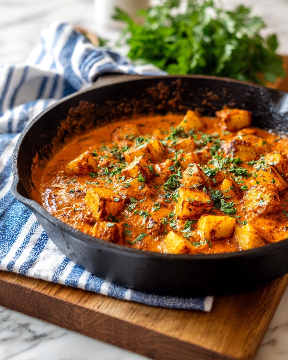 square image A black cast iron pan filled with two layers: the bottom layer is golden-brown roasted potato cubes with a slightly crisp texture, and on top is a thick orange-red sauce with small bits mixed in, sprinkled with fresh green herb pieces. The pan sits on a wooden board with a blue and white striped cloth partially under it, and fresh green herbs are visible blurred in the background on a white marbled surface. photo taken with an iphone --ar 4:5 --v 7