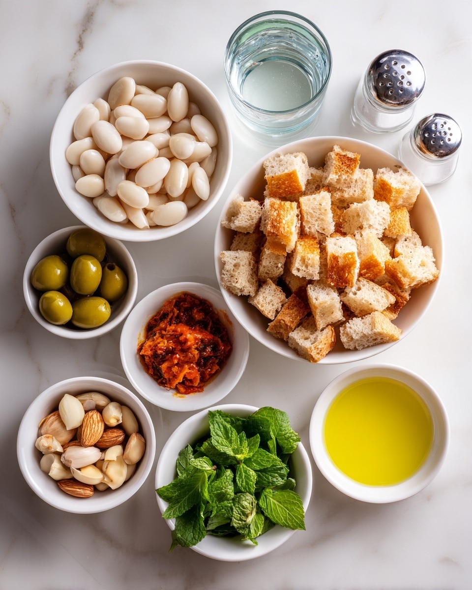 square image The image shows a top-down view of several small white bowls arranged on a white marbled surface. The largest bowl on the top right contains many small, light brown bread cubes that appear soft and fluffy. Below it, a medium white bowl is filled with white beans. Around these two bowls, smaller white dishes hold various ingredients: green olives close to the top left, peeled garlic cloves on the right side, a small bowl of bright yellow liquid (likely olive oil) to the bottom right, deep green mint leaves just left of the oil, light brown roasted nuts near the bottom left, and a reddish-orange sauce below the olives. Above the bowls, a clear glass container filled with water is placed, and in the center near the beans, there is a silver salt shaker. The overall setup is neat, with each ingredient distinct and clearly shown in simple lighting photo taken with an iphone --ar 4:5 --v 7