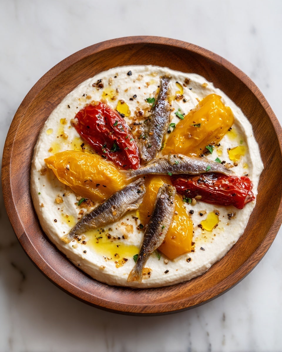 square image A wooden round plate holds a thick creamy white base sauce spread evenly. On top, there are six roasted pepper pieces, three bright yellow and three deep red, each with a slightly burnt and wrinkled texture. Each pepper piece is topped with a small brown anchovy fillet placed diagonally. Around the peppers and anchovies, there are small drops of golden oil and tiny bits of black charred seasoning scattered lightly. The plate rests on a white marbled textured surface. Photo taken with an iphone --ar 4:5 --v 7
