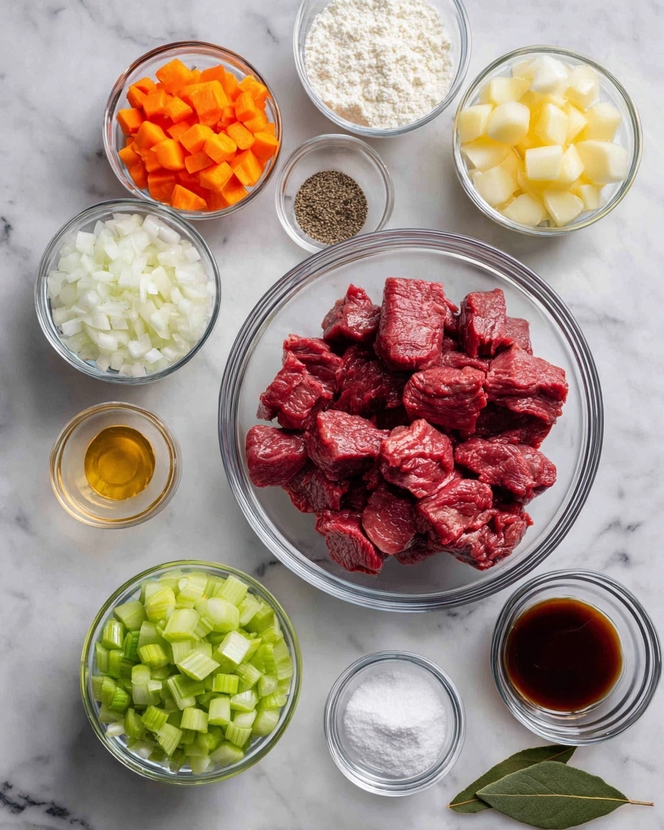A white marble surface holds several clear glass bowls arranged neatly. At the center is a bowl filled with raw, dark red beef chunks. Surrounding it are bowls containing white chopped onions, bright orange carrot pieces, light yellow potato cubes, and green celery slices. Smaller clear bowls hold a light brown liquid, flour, white salt, black pepper, and a bit of finely chopped garlic. There is also a dark brown liquid in a small bowl and a single green bay leaf near the bottom right. The setup is clean and organized, showing all ingredients for a stew. photo taken with an iphone --ar 4:5 --v 7