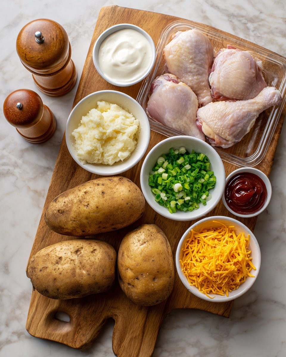 The image shows raw ingredients arranged neatly on a white marbled surface. Four large brown potatoes sit on a small wooden cutting board with a handle in the middle. To the right of the potatoes is a clear plastic tray holding raw pink chicken thighs. Above, five small white bowls hold different ingredients: shredded bright orange cheddar cheese, dark brown barbecue sauce with a smooth texture, chopped green onions, thick white sour cream, and two light powdered seasonings side-by-side. On the far left are wooden salt and pepper shakers. The photo taken with an iphone --ar 4:5 --v 7