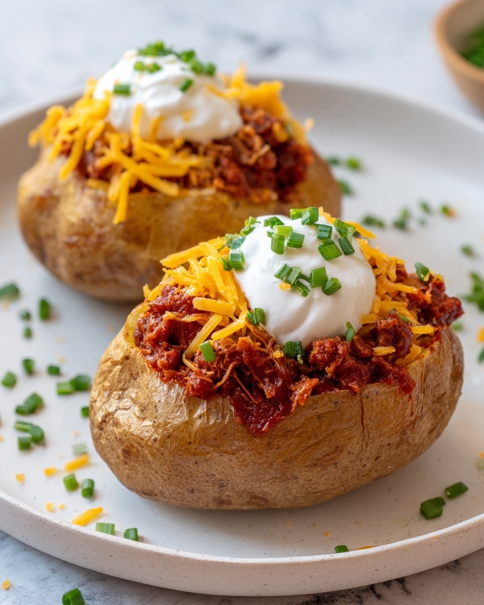 Two baked potatoes rest on a white plate with a white marbled background. Each potato is split open and filled with shredded, saucy pulled chicken that is rich brown in color. On top of the chicken is a layer of bright yellow shredded cheddar cheese, melted slightly on the warm chicken. A dollop of white sour cream sits on the cheese of each potato, sprinkled with small chopped green chives. Small drops of sauce are scattered on the plate around the potatoes, adding contrast. photo taken with an iphone --ar 4:5 --v 7
