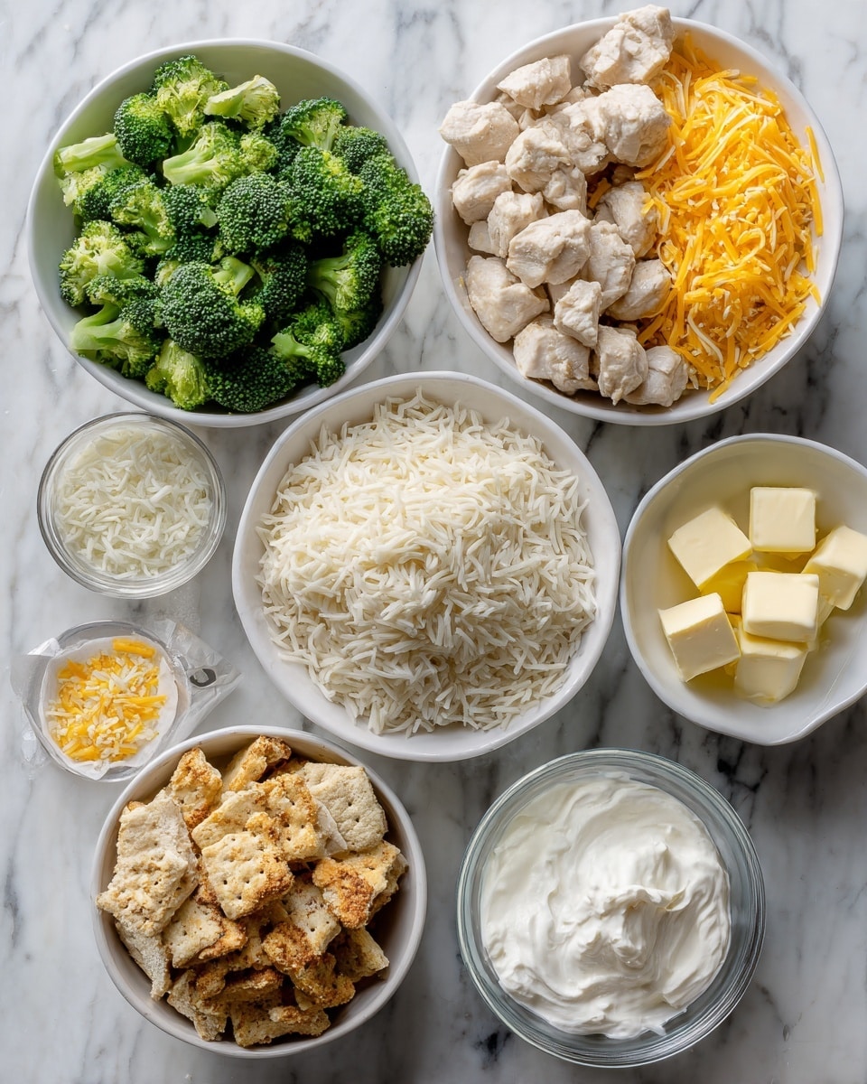 A top view of several white bowls on a white marbled surface, each containing different ingredients. One bowl has light brown broken crackers, another holds small cubes of pale cooked chicken. A third bowl contains shredded bright orange cheddar cheese, while another has fluffy cooked white rice. There is a bowl filled with green broccoli florets, and three smaller bowls hold creamy white sauces and three yellow butter cubes. The arrangement is neat, with bowls spaced evenly around the frame. photo taken with an iphone --ar 4:5 --v 7