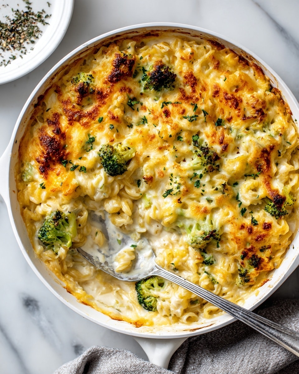 A white deep plate filled with a layered baked pasta dish, starting with a creamy white sauce at the base, covered by golden melted cheese that is slightly browned on top, mixed with green broccoli florets and pale yellow cauliflower pieces spread evenly throughout. Small pasta shapes are visible beneath the cheese, coated with thick, bubbling sauce. Fresh green herb sprigs are scattered on top as garnish, with a black spoon placed at the edge dipping into the dish. The plate is placed on a white marbled surface with some fresh green herbs and a white plate holding peppercorns visible in the background. Photo taken with an iphone --ar 4:5 --v 7
