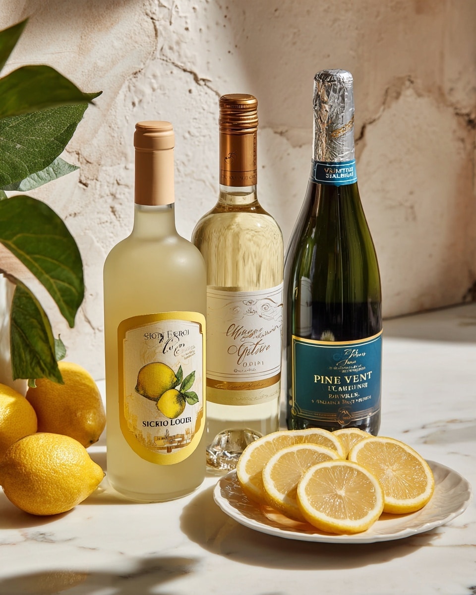 The image shows three bottles standing side by side on a white marbled surface against a light peach textured wall. On the left is a frosted clear bottle with a yellow label and an image of a lemon, the text