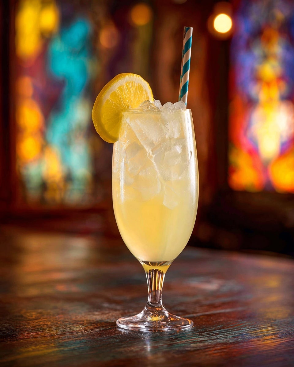 A tall clear glass with a long stem filled with a pale yellow, slightly cloudy liquid topped with ice cubes is centered on a white marbled surface. A thin round lemon slice is placed on the rim of the glass, and a paper straw with yellow and white stripes stands upright inside the drink. The background is softly blurred with warm and cool colors but no distinct shapes. photo taken with an iphone --ar 4:5 --v 7