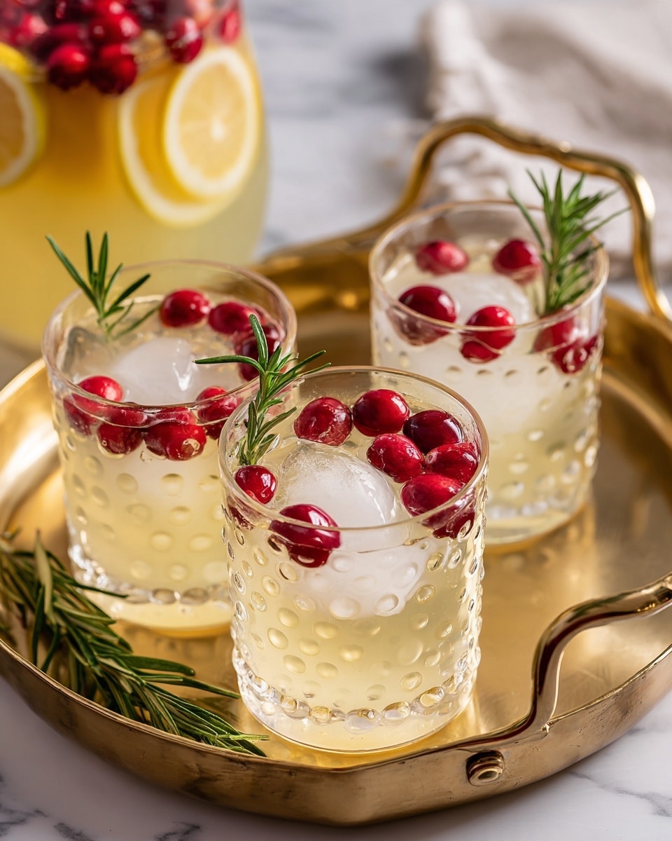 Two clear glasses filled with pale yellow liquid sit on a yellow tray with a handle on the right side. Each glass has a large ice cube floating near the top, along with bright red cranberries and small green sprigs of rosemary. In the background, part of a tall glass container with yellow liquid and some fruit pieces is visible on a white marbled surface. A small rosemary sprig also rests on the tray near the handle. Photo taken with an iphone --ar 4:5 --v 7