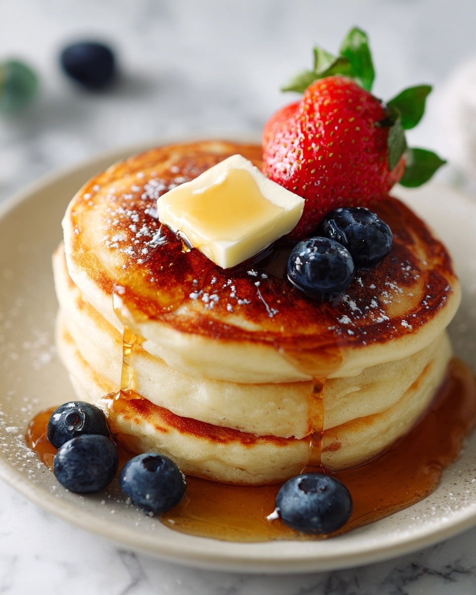A white cup holds a golden-brown pancake layer with a slightly crispy texture on top. On the pancake sits a thick, pale yellow square of butter melting with shiny honey dripped over it. To the left of the butter, two plump, deep blue blueberries rest on the pancake surface. To the right, a bright red strawberry with a small green leaf is placed on the pancake edge. The cup is on a white marbled surface with one blueberry and one strawberry nearby. Photo taken with an iphone --ar 4:5 --v 7