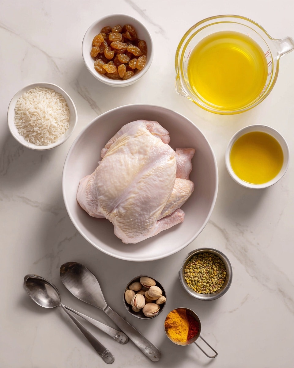 The image shows various ingredients arranged on a white marbled surface. In the center, there is one white bowl holding a raw piece of chicken with pale pink skin and white fat. Surrounding it are smaller white bowls and silver measuring cups. On the left, a silver 1/2 cup measuring cup holds raw white rice grains, and below it, another silver 1/2 cup measuring cup contains raw peanuts. To the top left, a white bowl is filled with golden brown raisins. To the top center, a clear glass measuring cup holds light amber liquid broth. To the top right, there is a white bowl with yellow olive oil. Next to it, another white bowl has a brownish seasoning mix. At the bottom right, two silver measuring spoons hold small piles of bright orange and light brown powdered spices. photo taken with an iphone --ar 4:5 --v 7