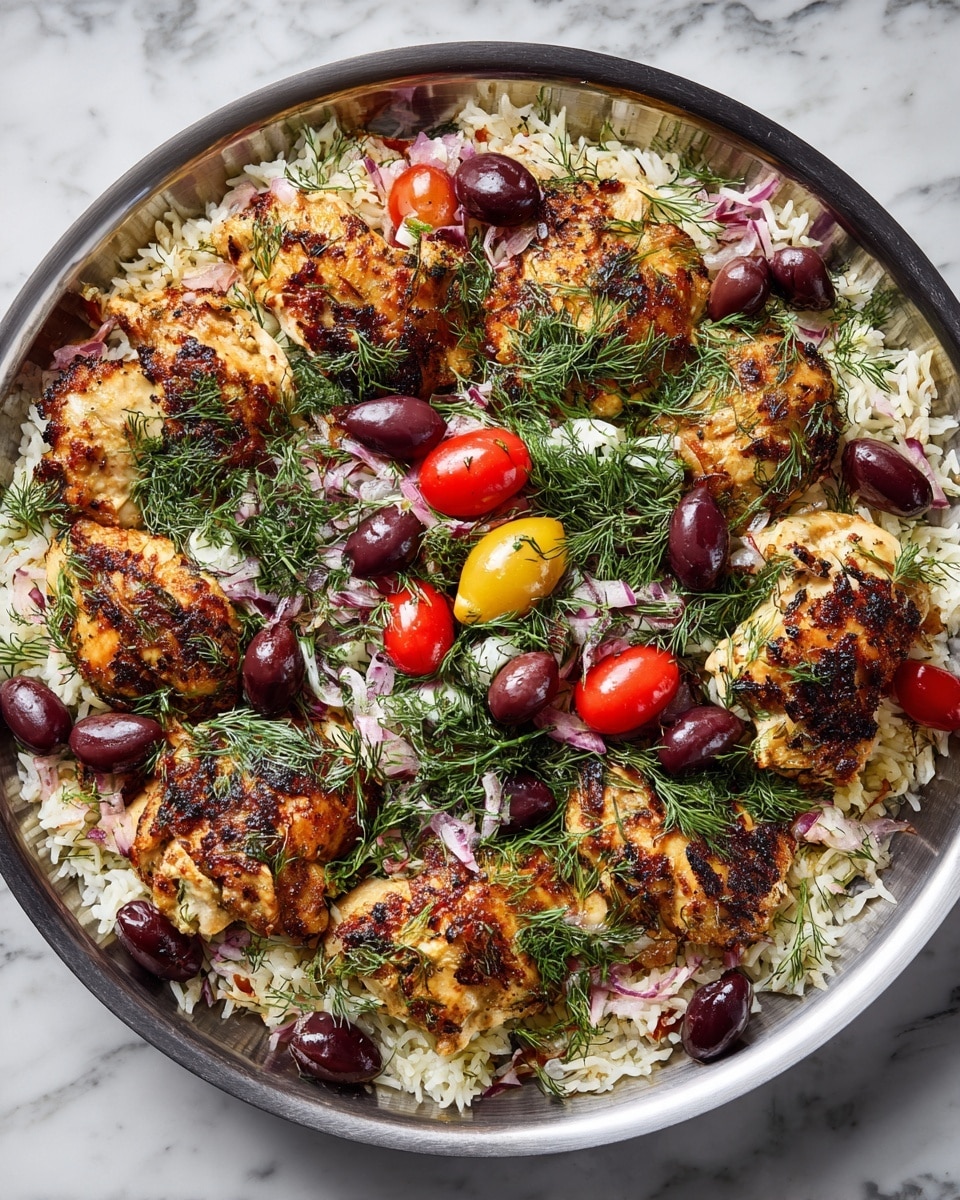 A white pan filled with a base layer of cooked white rice mixed with small pieces of cooked onion; over this are multiple golden brown cooked chicken pieces with a slightly charred texture; scattered across the top are halved red and yellow cherry tomatoes along with dark purple olives, some sliced; fresh green dill sprigs are spread generously all over the dish, adding a fresh and bright contrast; the pan is placed on a white marbled surface. photo taken with an iphone --ar 4:5 --v 7