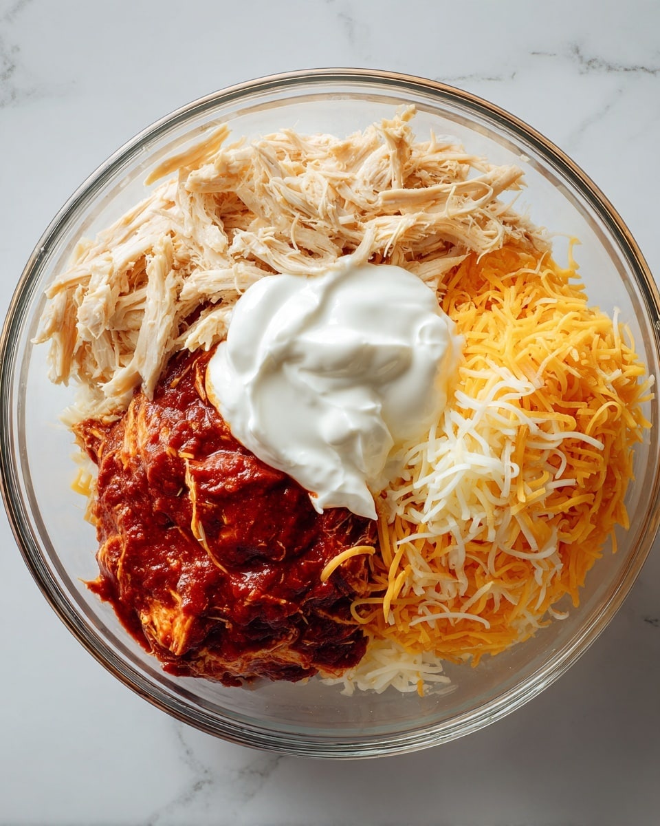 A clear glass bowl on a white marbled surface holds four separate layers of ingredients arranged side by side. On the left is shredded cooked chicken in pale beige color with visible fibers. Next to it, creamy white mayonnaise with smooth and thick texture. Below the chicken and mayo is a layer of rich red barbecue sauce, thick and glossy. On the right side is shredded cheese in light yellow and orange shades, with thin, fine strands. The bowl’s content is untouched and neatly separated. Photo taken with an iphone --ar 4:5 --v 7