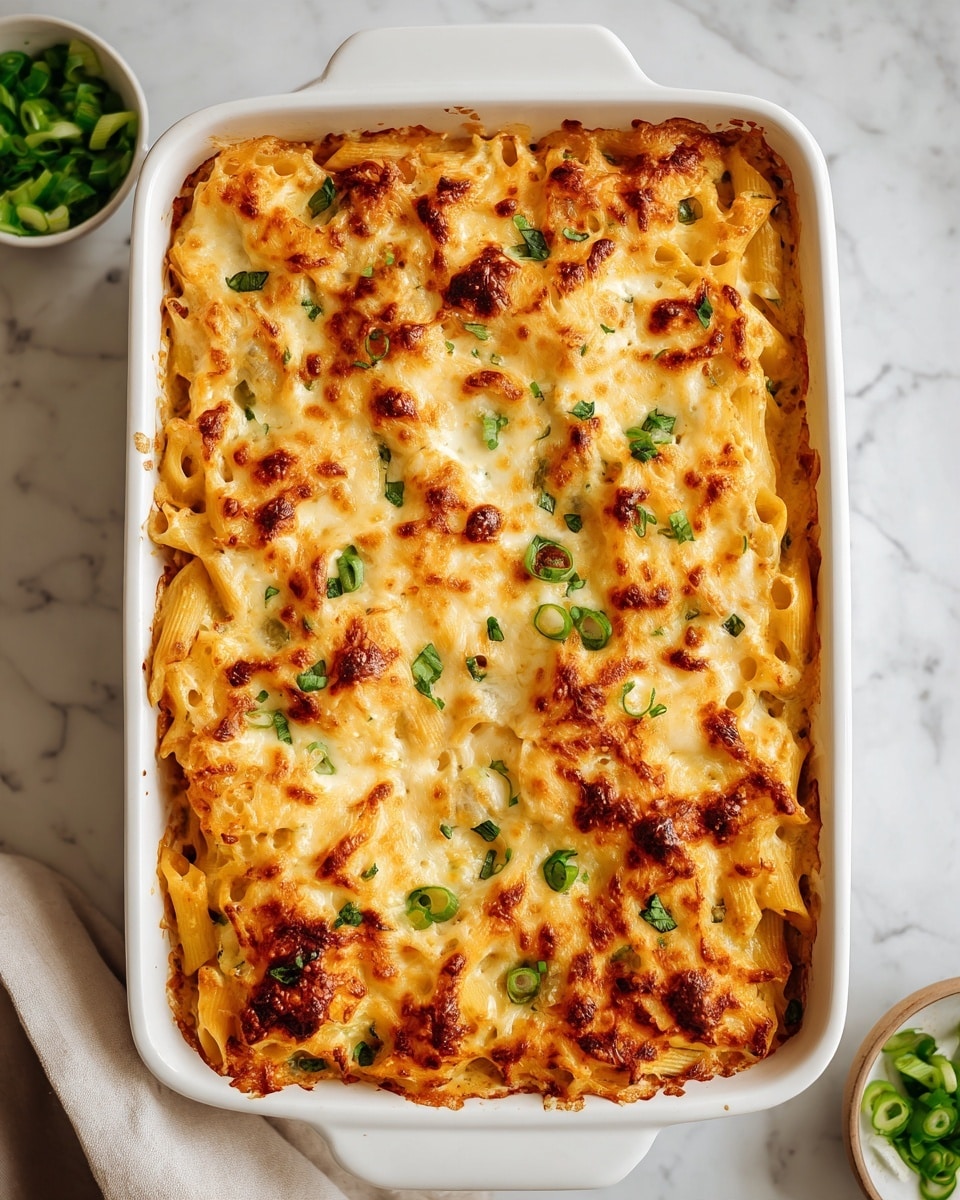 A white baking dish filled with baked penne pasta layered with creamy cheese sauce and orange buffalo sauce, with melted, slightly browned cheese on top. The pasta is thickly coated in the cheese and sauce mixture, with bits of green chopped herbs scattered throughout, adding a fresh touch. The dish sits on a white marbled texture surface with a small cup of chopped green herbs nearby. photo taken with an iphone --ar 4:5 --v 7