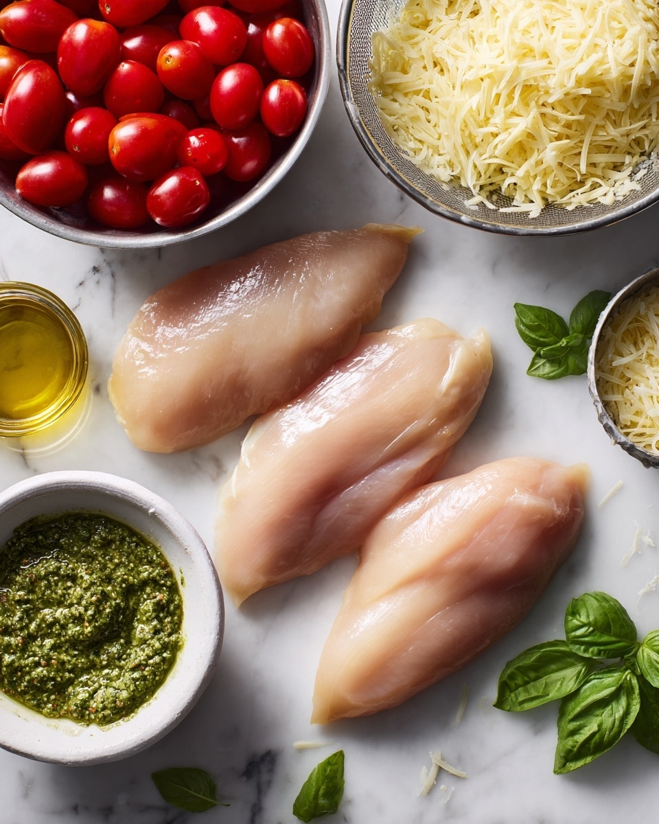 The image shows four raw chicken slices laid out on a white marbled surface, with a white bowl of bright red grape tomatoes to the lower left and a white colander filled with shredded white cheese to the lower right. At the top left, there is a white bowl holding green pesto sauce with a coarse texture, and a small metal container of golden olive oil is placed just below it. At the top right, a white pepper grinder labeled