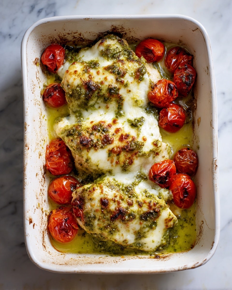 A white baking dish holds three pieces of chicken topped with melted, slightly browned white cheese with green pesto patches unevenly spread on top. Around the chicken are small roasted red cherry tomatoes, some with blackened spots. The chicken is coated with a green pesto sauce underneath the cheese, and there are some browned and caramelized edges on the dish with some splatters on the sides. The background surface is white marble. photo taken with an iphone --ar 4:5 --v 7