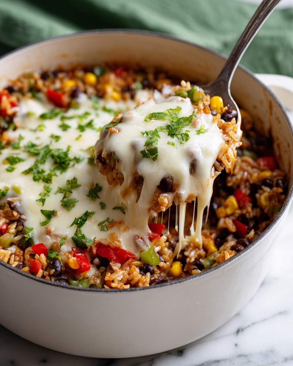 A white pan filled with a colorful rice dish showing three main layers: the bottom layer is soft rice mixed with black beans, diced red, orange, and green bell peppers, and sweet yellow corn kernels; the middle layer has melted white cheese spread unevenly over the rice; the top layer is a sprinkle of fresh green chopped herbs. A silver spoon scoops a portion of the rice and cheese mix from the center, resting in the pan. The pan sits on a white marbled surface. photo taken with an iphone --ar 4:5 --v 7