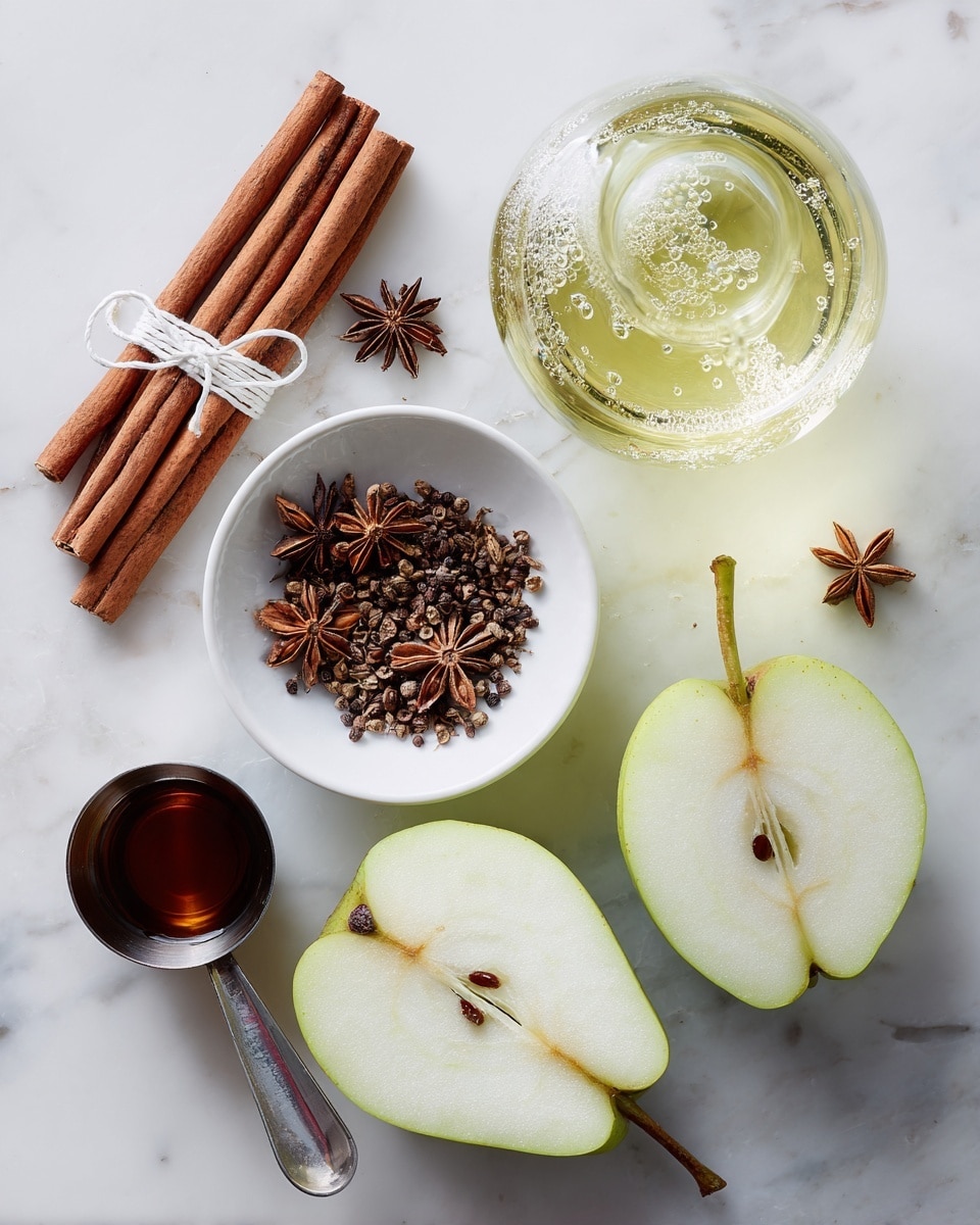 The image shows a white marbled surface with various ingredients placed on it. On the left, there is a small white bowl filled with mixed brown spices including star anise and cloves. Next to it are three brown cinnamon sticks tied together with a light string. Below the bowl, there is a black measuring spoon holding a dark liquid. To the right, there is a small clear glass of a light yellow bubbly liquid. Three halves of a green pear with visible seeds and stems are arranged in the bottom right corner. photo taken with an iphone --ar 4:5 --v 7