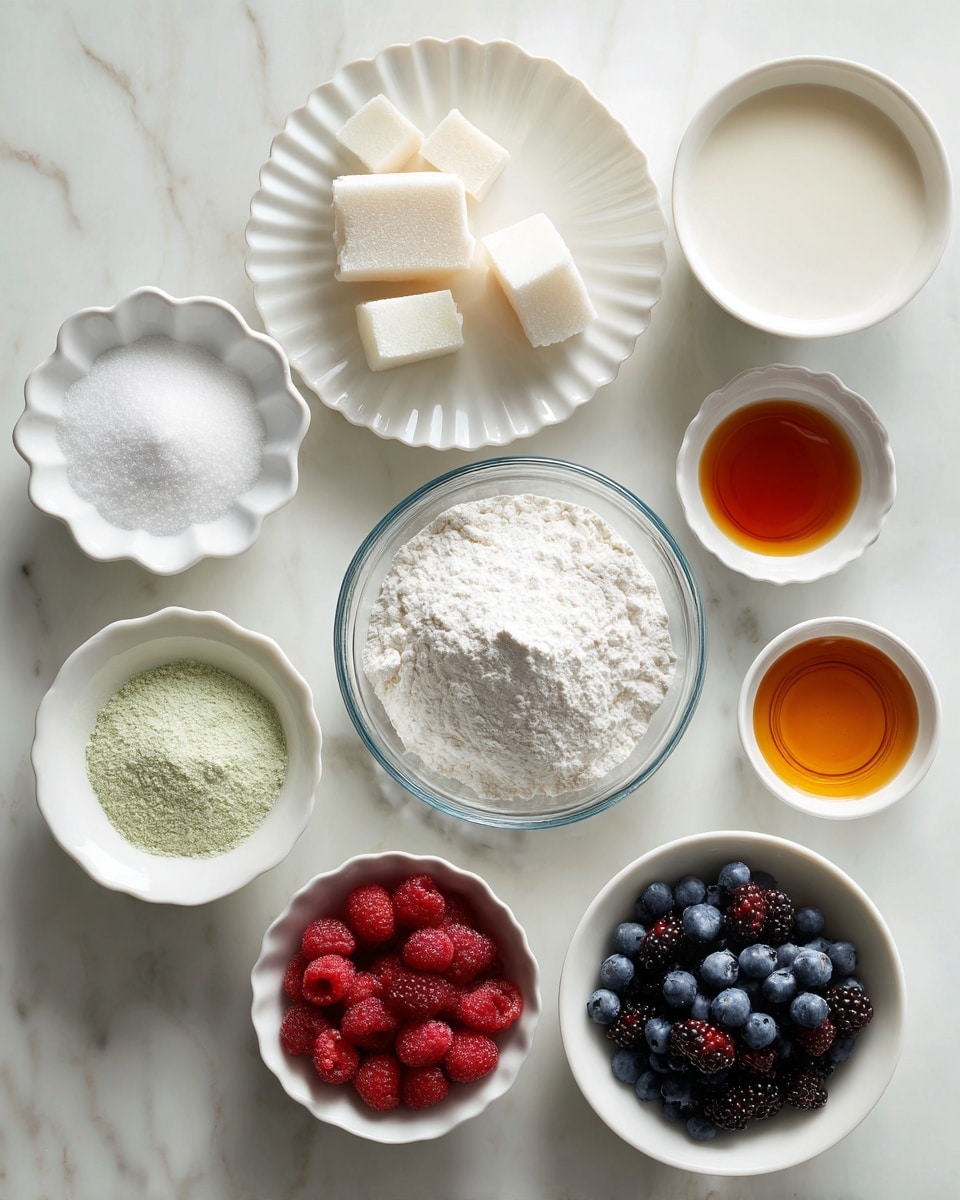 A flat lay of various ingredients is arranged on a white marbled surface. At the center is a clear glass bowl filled with white flour. Surrounding it are several white bowls and dishes: to the top left, a scalloped white dish holds two slices of white tofu. Directly above the flour is a small round bowl of a pale yellow liquid, and to its right another scalloped white bowl contains a pale cream liquid. Below these, two small white bowls hold amber-colored liquids. Bottom left features a scalloped white dish with fresh red raspberries, black blackberries, and blue blueberries. A small black divided dish at bottom right holds coarse white and brown sugar. Lastly, there is a small wooden spoon filled with white powder near the center-left, and a small mottled green and white bowl with shredded white coconut near the bottom center. The overall palette is light and natural with soft earthy and white tones. Photo taken with an iphone --ar 4:5 --v 7