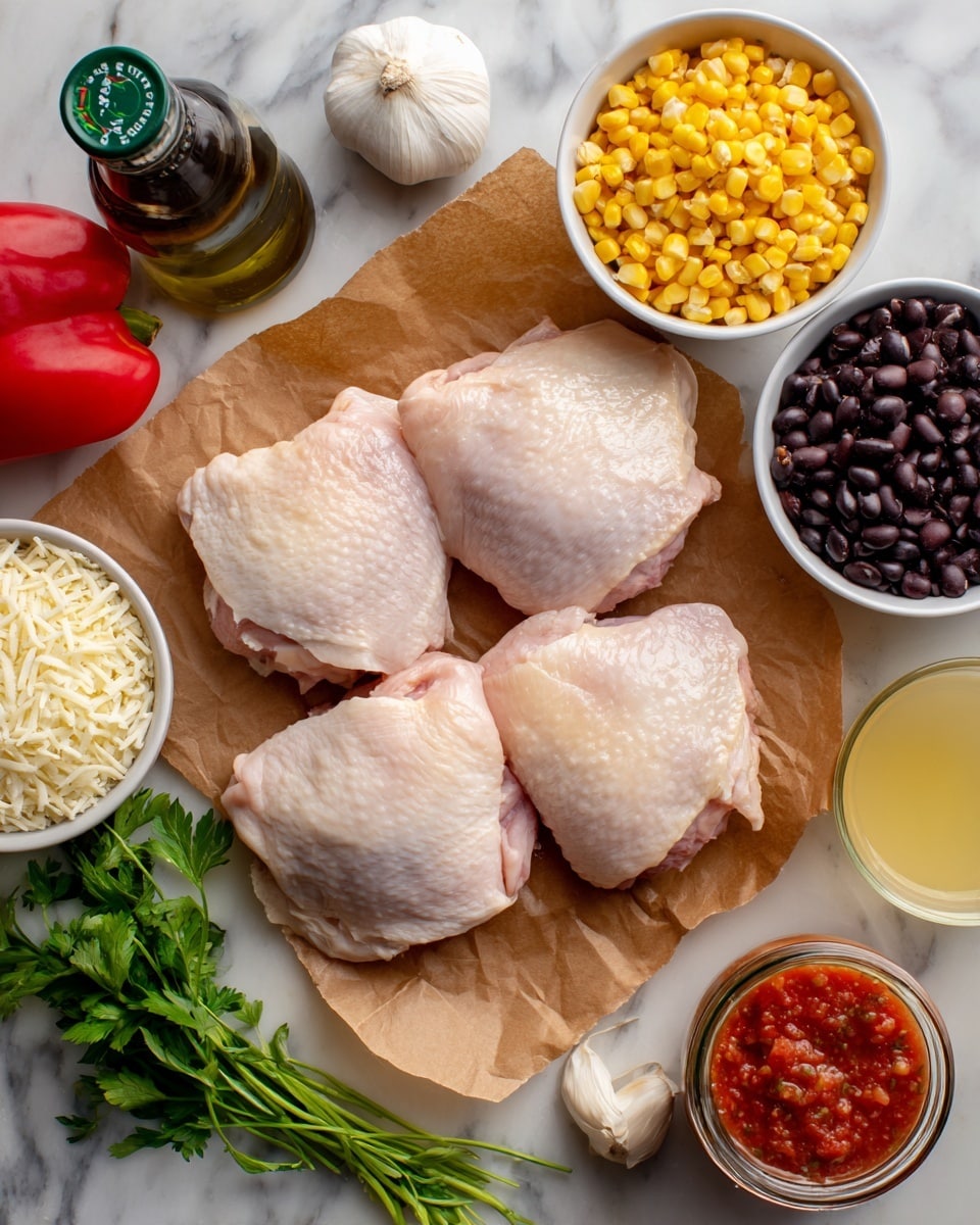 The image shows a white marble surface with raw chicken pieces placed on a piece of brown parchment paper in the center. Around the chicken are small white bowls filled with white rice, yellow corn, black beans, and a small pile of grated cheese. There is a bright red bell pepper positioned near the bowls. Also visible are two garlic cloves, a small bunch of green parsley, a bottle of olive oil, a jar of red salsa, and a glass mug filled with light yellow broth or juice. The colors are natural and fresh, with the chicken pink, the beans and pepper vivid, and the background clean. Photo taken with an iphone --ar 4:5 --v 7