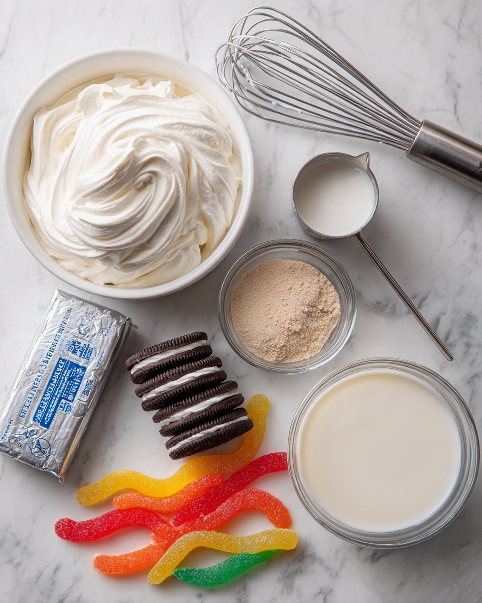 A white plastic container of white thick cream is placed on the top left, next to a stainless steel measuring cup filled with white milk on the right. Below these, there is a small clear bowl filled with light brown powder, and to its right, a wrapped block of silver cream cheese sits. At the bottom left, there are several dark brown sandwich cookies with a detailed pattern, arranged in a small pile. Scattered around the bottom half of the image are colorful gummy worms in bright red, orange, yellow, and green colors, lying on a white marbled surface. A metal whisk is partially visible at the top right corner. Photo taken with an iphone --ar 4:5 --v 7