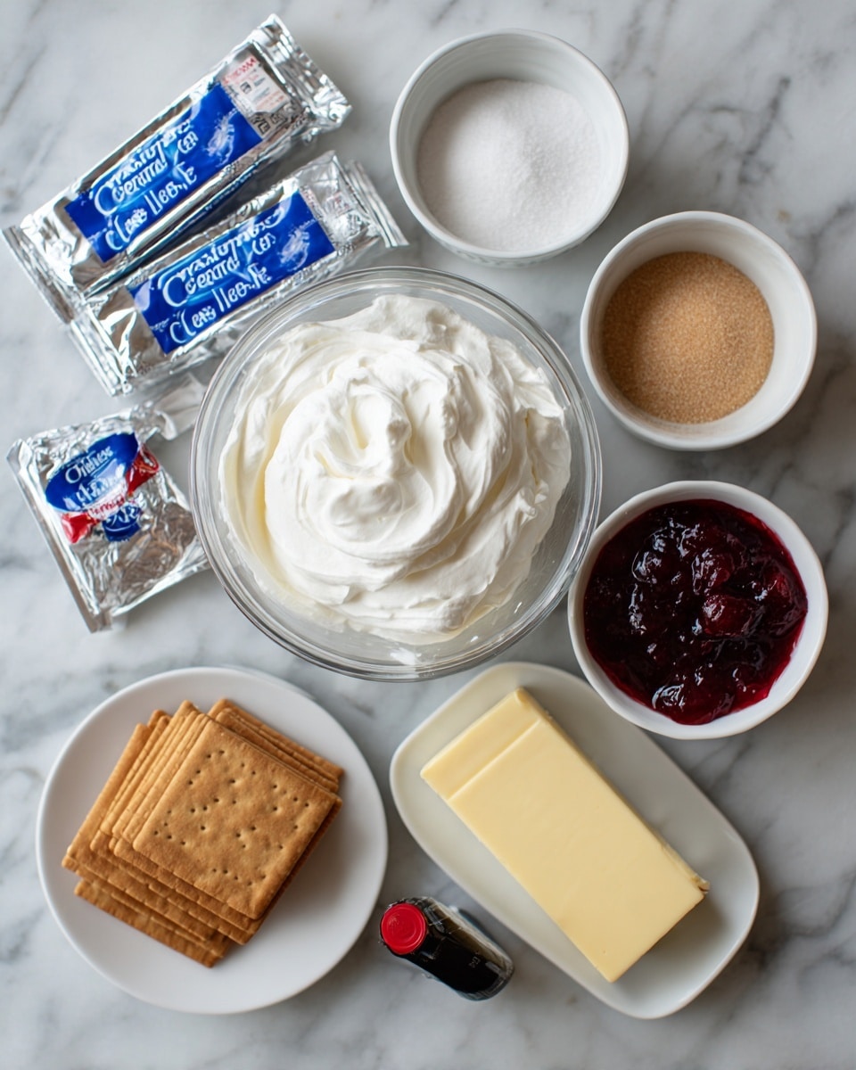 The image shows a flat lay of several white plates and bowls on a white marbled surface, each holding different dessert ingredients. There are two silver packages of cream cheese on the left side, a small white bowl filled with light brown sugar near the top center, a medium white bowl with bright red cherry pie filling near the top right, and a small bottle with a red cap to the right of the cherry bowl. In the center is a clear glass bowl with a fluffy, smooth white cream. Below the cream bowl is a small white bowl filled with white powdered sugar. At the bottom, a white plate holds a neat stack of light tan graham crackers arranged in three rows. A stick of pale yellow butter is placed next to the bottle. The arrangement is clean and neat, with soft natural lighting. photo taken with an iphone --ar 4:5 --v 7