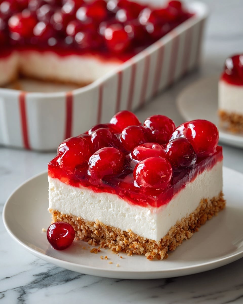 A square slice of dessert sits on a white plate, showing three distinct layers: a bottom layer of light brown crumbly crust, a middle layer of smooth white creamy filling, and a top layer of bright red cherry topping with whole, shiny cherries in a thick glaze. Behind it, a white rectangular dish with two red stripes near the top edge holds the same dessert with the glossy cherry layer visible. The scene is set on a wooden surface with a white marbled texture. photo taken with an iphone --ar 4:5 --v 7