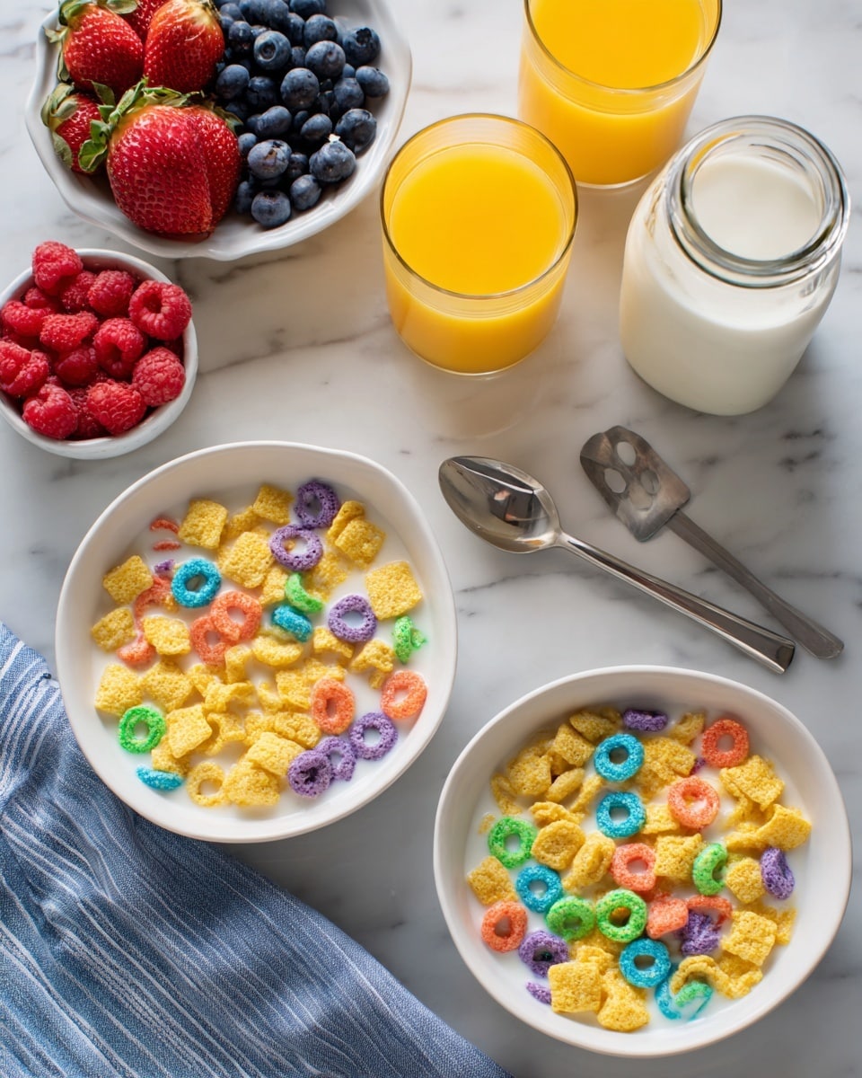 A top view of a breakfast set on a white marbled surface showing two white bowls with cereal and milk, one bowl containing only square, light orange cereal pieces while the other has the same cereal mixed with round colorful pieces in green, red, blue, and purple. Next to the bowls, there is a round white bowl filled with fresh red strawberries, dark blue blueberries, and red raspberries. Two glasses of orange juice are placed nearby with creamy milk visible in part of a glass bottle. Two metal spoons lay beside the bowls, and a striped cloth napkin is partly seen on the right side. The scene is bright and tidy, focused on the textures of the cereals and fresh fruits. photo taken with an iphone --ar 4:5 --v 7