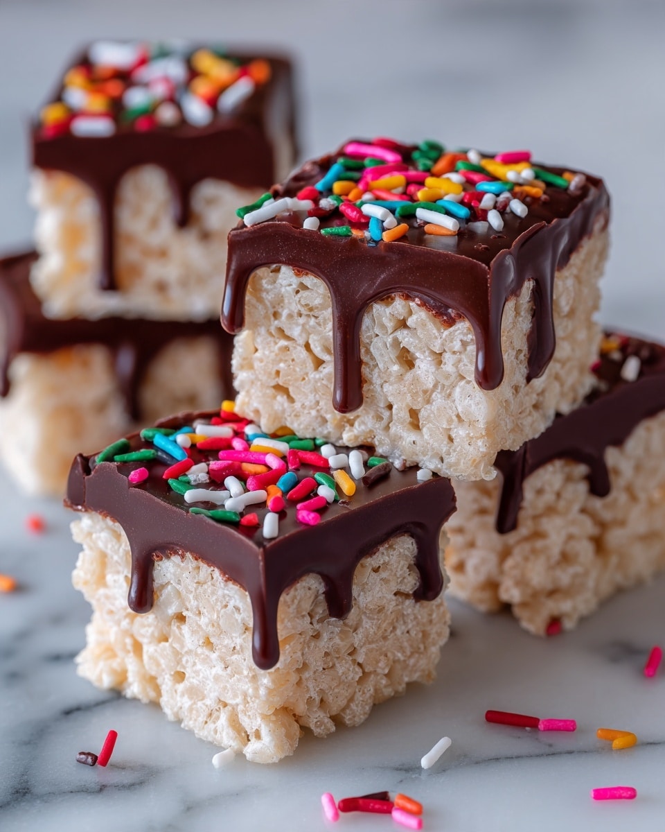 The image shows square rice crispy treats layered with a lightly golden, crispy, and airy rice base, topped with a thick, shiny dark chocolate coating that covers the top and slightly runs down the sides. On top of the chocolate layer are colorful, long sprinkles scattered unevenly, with colors including pink, yellow, green, red, orange, and white. The treats are placed randomly on a white marbled surface, some closer to each other and one treat laying on its side, showing the inside texture of the rice layer. Around the treats are a few loose sprinkles and small smudges of melting chocolate. photo taken with an iphone --ar 4:5 --v 7