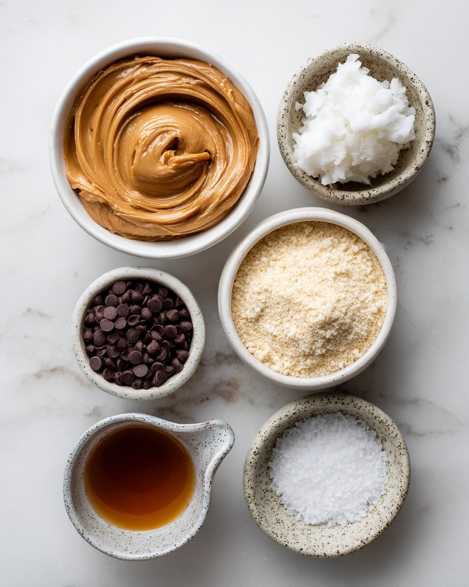 The image shows five bowls and one small pitcher on a white marbled surface. At the top left, there is a bowl filled with smooth, thick, light brown peanut butter with a swirl in the center. To the right of it is a smaller bowl holding a white, solid coconut oil cream. Below the peanut butter bowl, a clear glass pitcher contains a honey-colored liquid. On the right side of the image is a bowl filled with a fine, pale yellow powder made of almond flour. In the bottom left corner, a speckled bowl holds many dark chocolate chips. Finally, a small speckled dish at the bottom right is filled with coarse sea salt flakes. Photo taken with an iphone --ar 4:5 --v 7