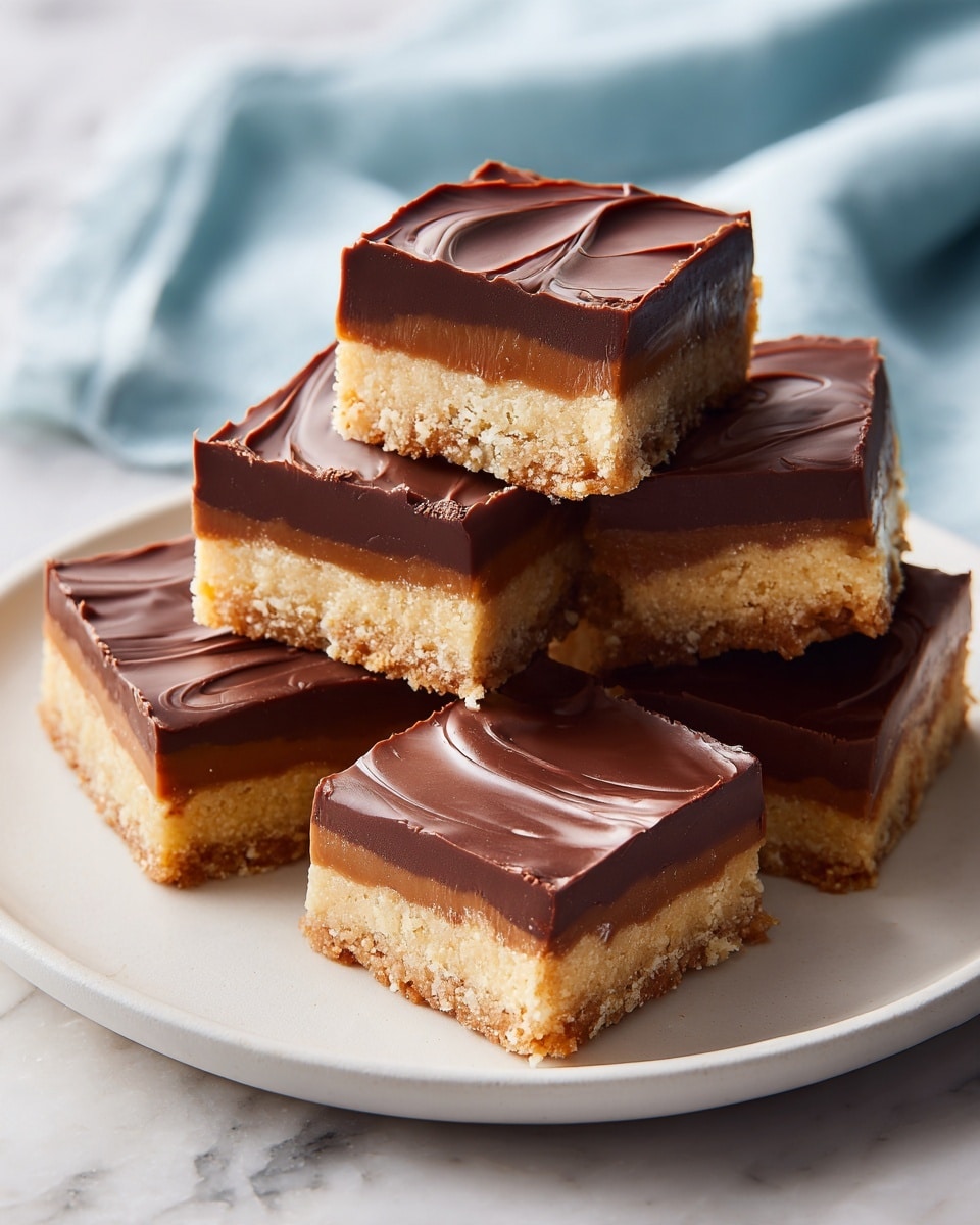 The image shows a light beige plate holding five chocolate peanut butter bars, stacked in a casual pile. Each bar has two clear layers: the bottom layer is thick and sandy-textured in a warm golden peanut butter color, and the top layer is thinner and smooth with a shiny, rich cocoa brown chocolate surface. The chocolate layer has gentle ridges and soft waves across its flat top. The plate sits on a white marbled surface with a soft blue cloth in the background. photo taken with an iphone --ar 4:5 --v 7