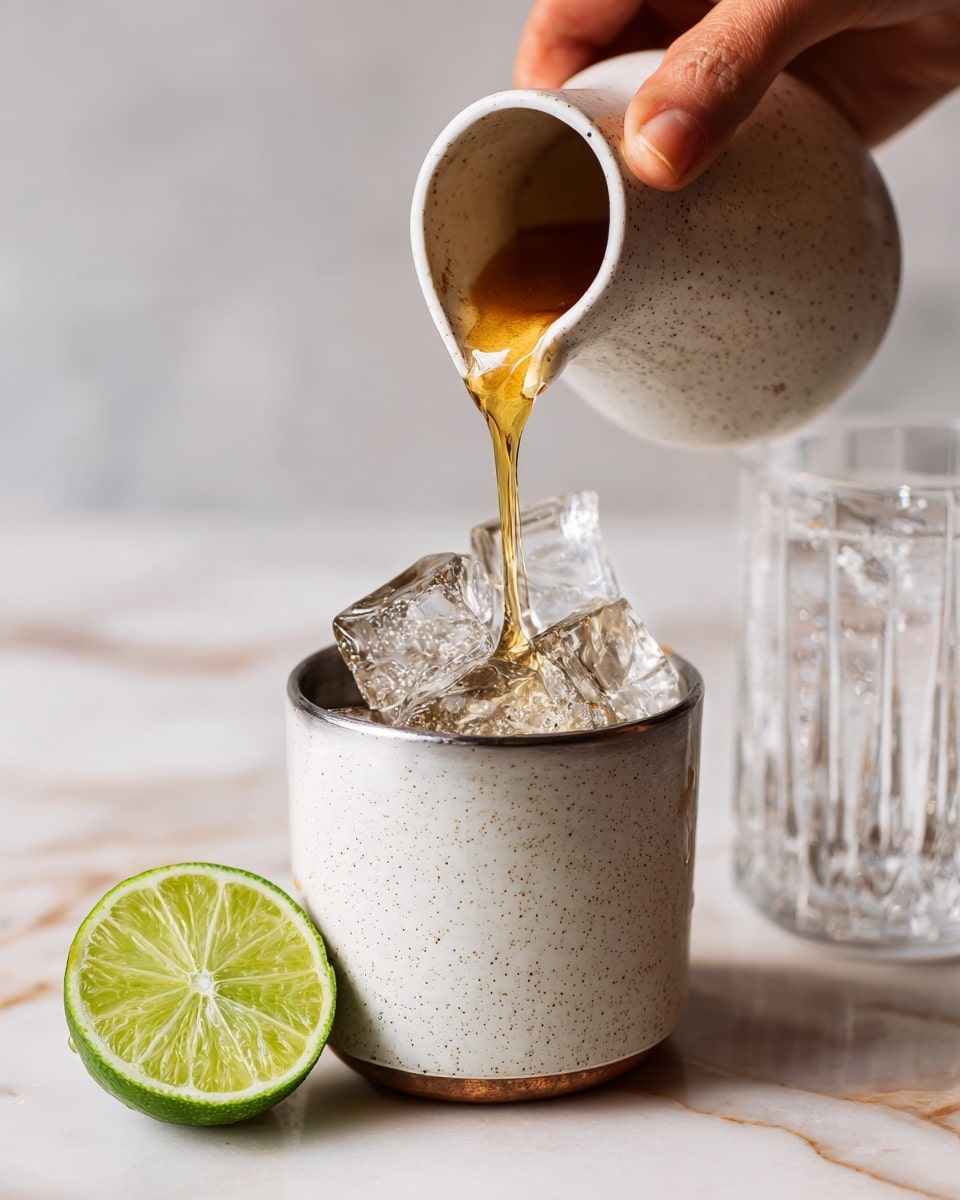A woman's hand is pouring a light brown liquid from a speckled white small pitcher into a metal cup filled with clear ice cubes on a white marbled surface. The metal cup is round and shiny, showing detailed textures of the ice inside. To the left is a half lime with a bright green interior, and to the upper right is a clear glass filled with sparkling water with bubbles visible inside. photo taken with an iphone --ar 4:5 --v 7