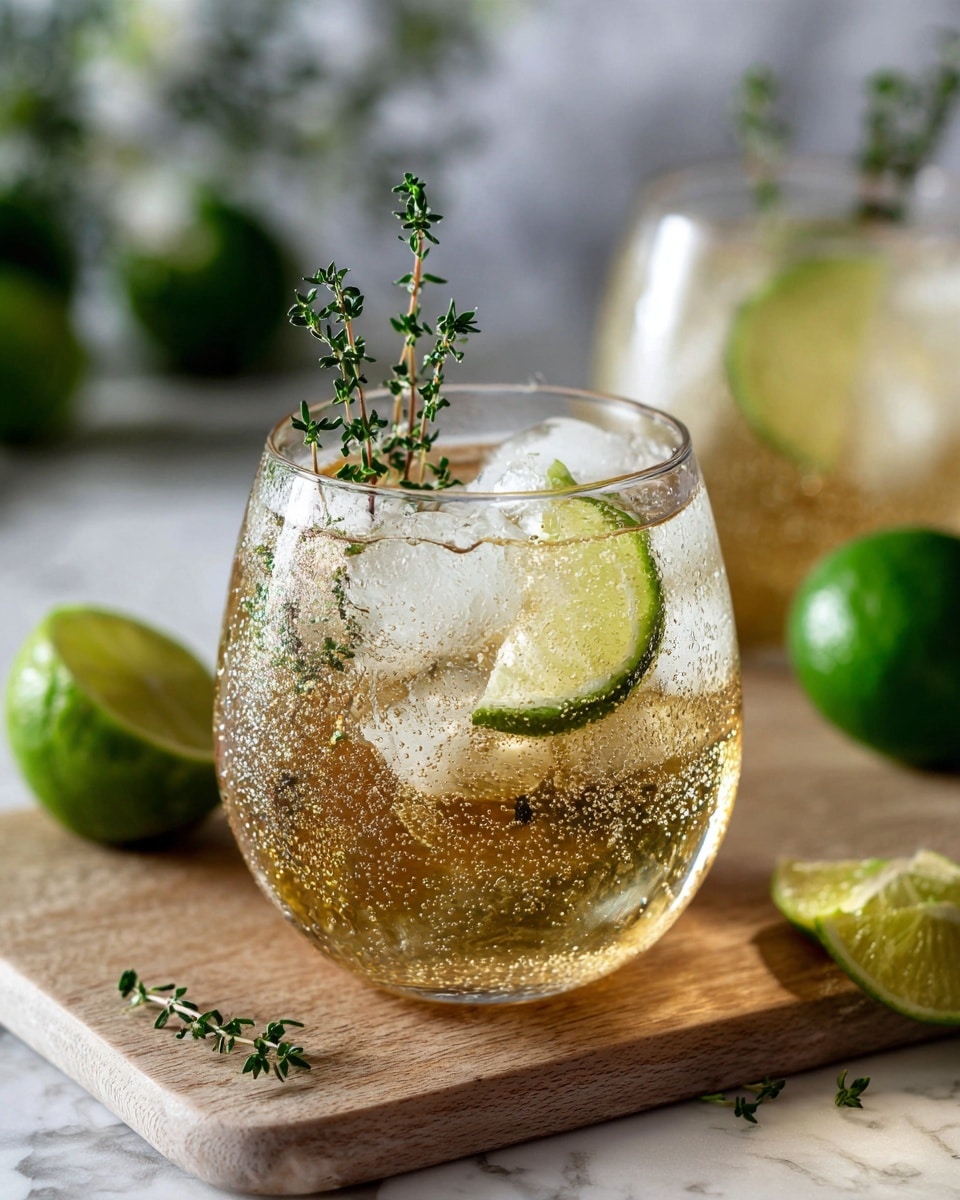 A rounded clear glass is filled with a light yellow drink that has visible bubbles and ice cubes floating inside. There are green lime pieces immersed in the drink, and a small bunch of fresh green thyme sticks stands upright inside the glass on the left side. In the foreground, on a light wooden surface with scattered thyme sprigs, there are a few lime wedges, one close to the glass on the left and another on the right side. In the background, another similar drink glass is slightly blurred, along with a small basket holding whole and sliced limes, all set against a soft green blurred backdrop. The photo is taken with an iphone --ar 4:5 --v 7