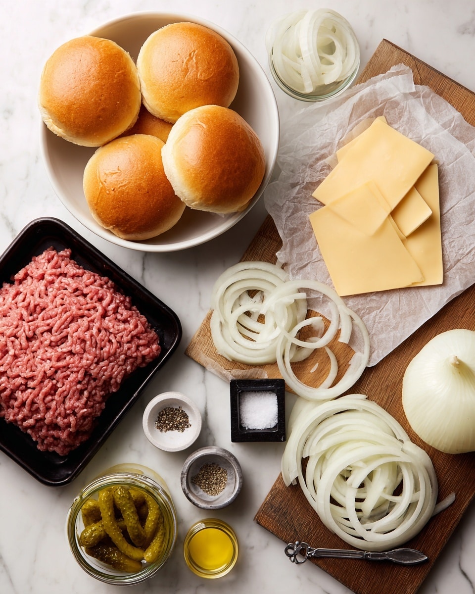 The image shows the ingredients for a burger laid out neatly on a white marbled surface. There is a white bowl with four golden brown burger buns that look soft and shiny. Next to it is a white bowl with salt and a small gray container with black pepper. A black rectangular tray holds a raw ground meat patty with a pink color and a textured surface. On the right side, a sheet of white paper with four slices of yellow cheese stacked in a square shape is placed above a small black bowl containing a square piece of butter. A clear glass jar with yellow pickles and a spoon inside is nearby. At the bottom right, a wooden board holds thin white rings of sliced onions. At the bottom left, a small open jar of yellow mustard has a spoon inside. photo taken with an iphone --ar 4:5 --v 7