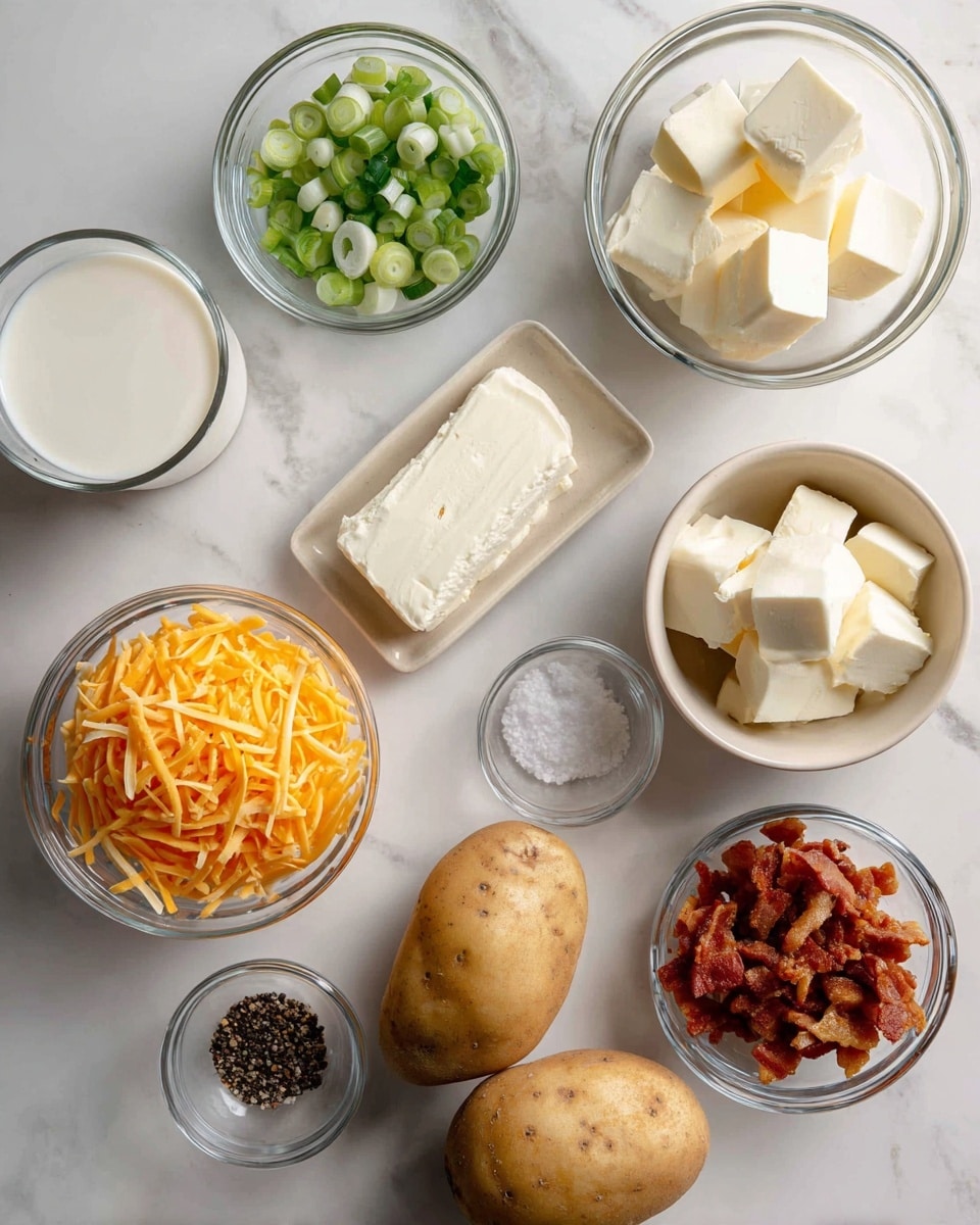 The image shows several small bowls and two whole potatoes placed neatly on a white marbled surface. There is a bowl with shredded orange cheddar cheese, a bowl with crispy bacon bits in a transparent container, and a block of white cream cheese in a white bowl. Other small clear bowls contain chopped green onions, salt, black pepper, and small cubes of butter. Two brown potatoes are placed at the bottom right of the arrangement, all ingredients spaced evenly and clearly visible. Photo taken with an iphone --ar 4:5 --v 7