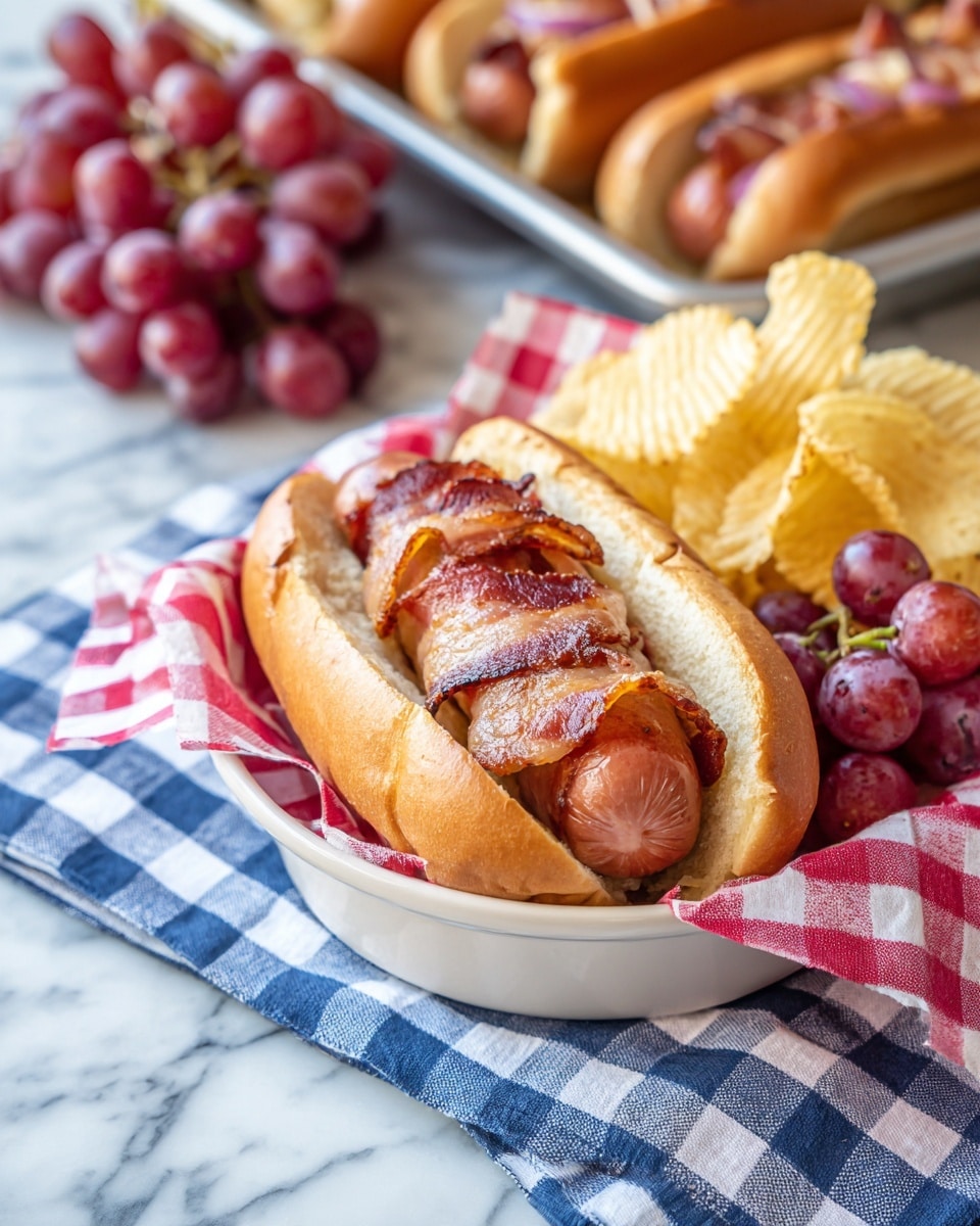 A white oval metal basket lined with red and white checkered paper holds a hot dog in a soft bun, wrapped with three strips of crispy bacon. Behind the hot dog inside the basket are two large, golden, crispy chips. To the right of the hot dog, a small bunch of red grapes adds a fresh touch. The basket is placed on a blue and white checkered cloth over a white marbled surface. In the blurred background, more bacon-wrapped hot dogs are visible on a tray. Photo taken with an iphone --ar 4:5 --v 7