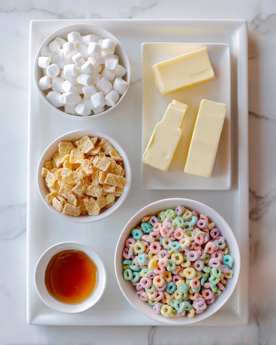 The image shows six white bowls and dishes on a white marbled surface. The largest white bowl at the bottom left is filled with colorful cereal pieces, mainly beige with blue, pink, and green shapes mixed in. Below it is a smaller white bowl filled with only colorful cereal pieces in light pink, green, and blue. At the top left, a medium white bowl is full of white mini marshmallows. Beside it to the right, there is another medium white bowl filled with crushed yellow cereal flakes. Below these bowls, there are two small white square dishes, one holding a red-orange syrup and the other is empty. To the far right, a long white rectangular plate has two sticks of pale yellow butter placed side by side photo taken with an iphone --ar 4:5 --v 7
