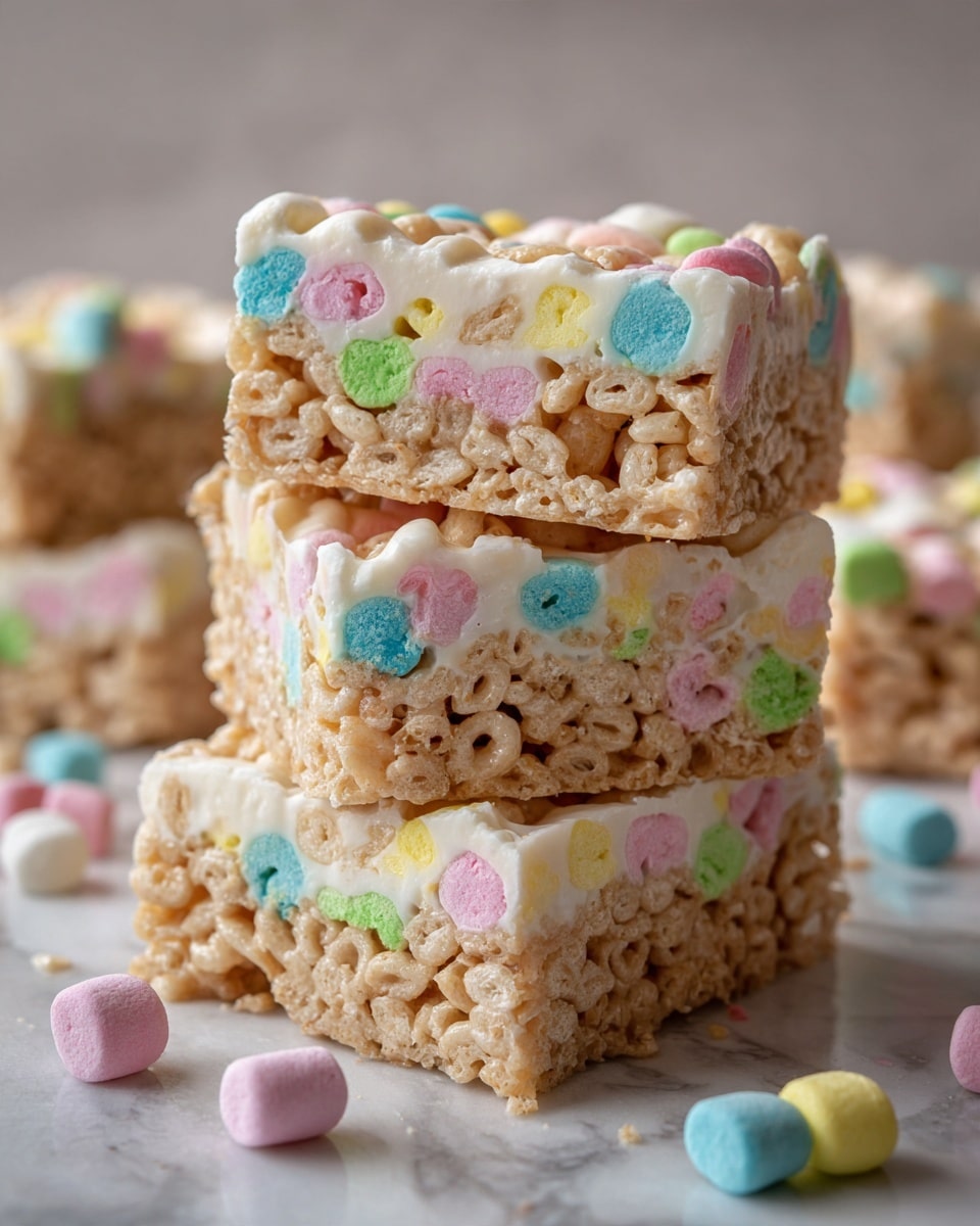 This image shows a close-up view of a stack of three rice cereal treats with three visible layers. The top and middle layers consist of light tan crunchy cereal with bits of colorful marshmallows embedded throughout, showing pink, blue, green, and yellow pieces. The bottom layer of each treat is coated in a thick, white, creamy substance that looks smooth and slightly melted, holding the cereal pieces together. The focus is sharp on the middle treat, and some scattered cereal and tiny marshmallow pieces surround the stack on a white marbled surface. The background is light gray and blurred, making the treat the clear focus of the photo. photo taken with an iphone --ar 4:5 --v 7