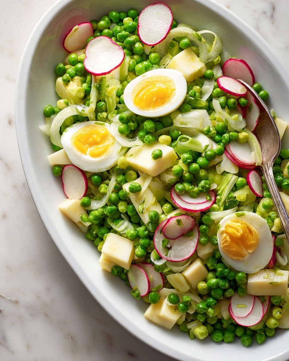 The image shows a white oval bowl filled with a fresh pea salad. The salad has bright green peas as the main layer, mixed with thin slices of red-edged radishes, small white onion strips, light green celery pieces, and chunks of yellow and white cheese and egg. The textures look fresh and slightly creamy, with small layers of dressing holding the ingredients together. A silver spoon rests inside the bowl on the left side. The bowl is placed on a white marbled surface. Photo taken with an iphone --ar 4:5 --v 7