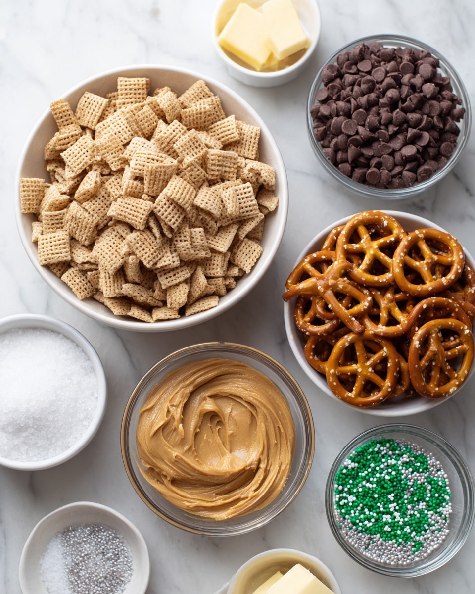 A large white bowl is filled with square-shaped Chex cereal pieces in light beige with a slightly rough texture, filling most of the bowl. Around it, there are smaller white bowls and clear glass bowls on a white marbled surface. One glass bowl contains many small, shiny, dark brown chocolate chips. Another bowl holds rich, smooth, light brown peanut butter. A smaller white bowl has a pale, soft chunk of butter. Another white bowl has a fluffy white powder, likely powdered sugar, while a clear glass bowl holds a mix of small green, silver, and white round and stick sprinkles. A white bowl on the right contains shiny brown pretzels with a twisted shape and crunchy texture. photo taken with an iphone --ar 4:5 --v 7