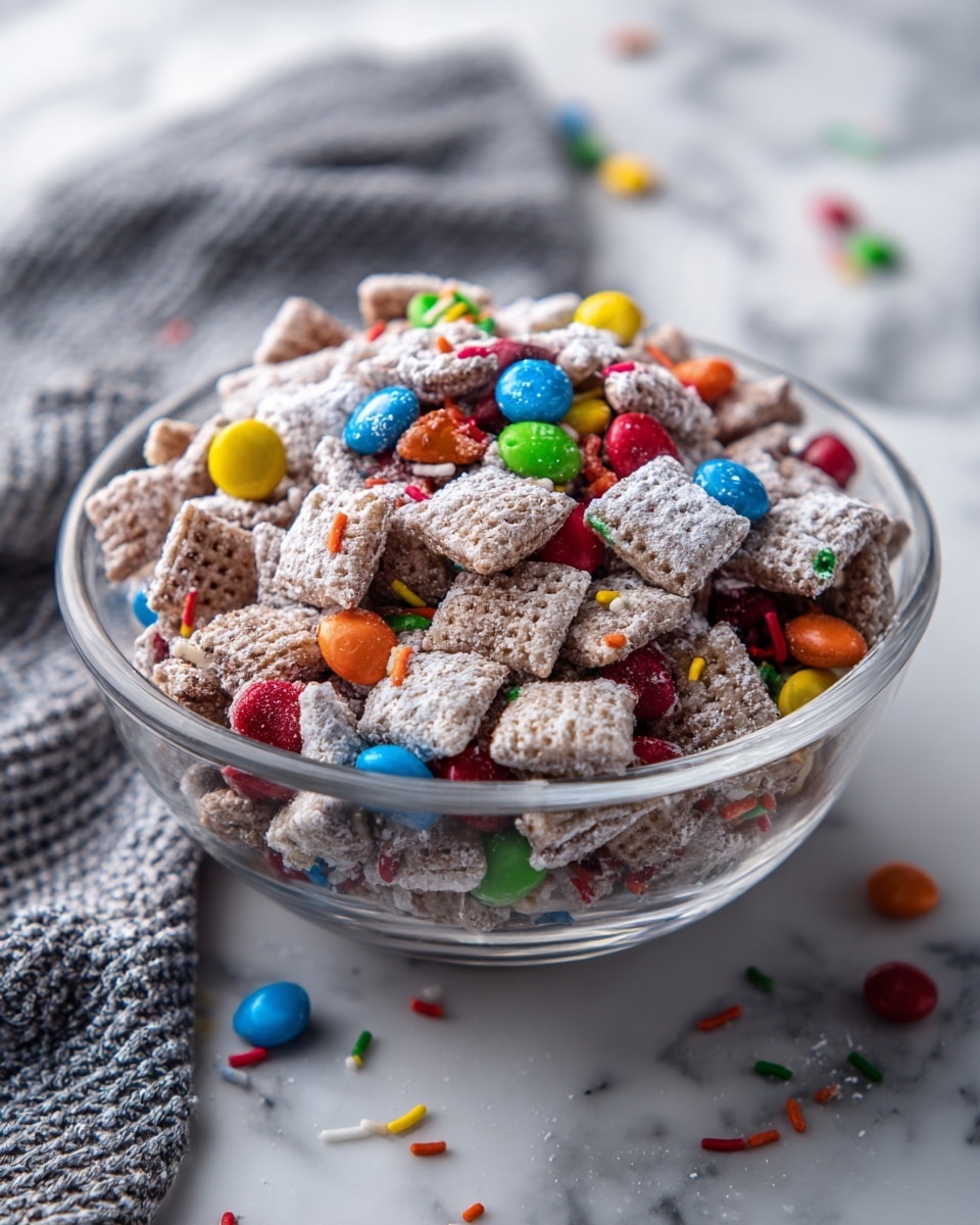 A clear glass bowl is filled with a piled mix of square cereal pieces coated in white powdered sugar, creating a light dusting on each piece. Scattered throughout are bright red, orange, yellow, green, blue, and brown candy-coated chocolates that add pops of color. There are also colorful cylindrical sprinkles in pink, green, white, yellow, orange, and red mixed in, adding texture and vibrancy. The bowl sits on a white marbled surface with a gray striped cloth partially visible behind it. The colors and textures create a festive and fun look. photo taken with an iphone --ar 4:5 --v 7