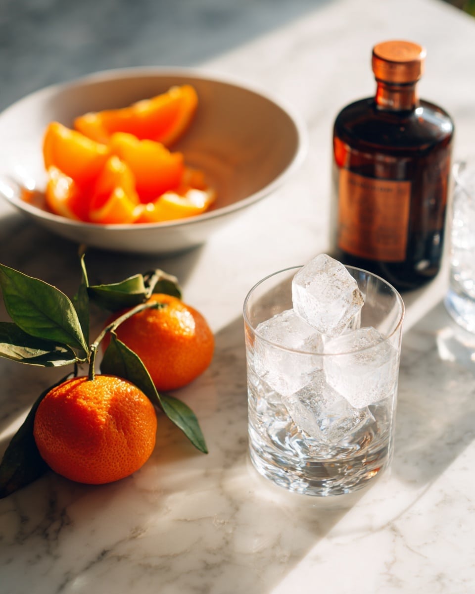 The image shows two clear glasses each filled with large white ice cubes, placed on a white marbled surface. Next to the glasses is a bowl with three bright orange slices arranged inside. Two whole tangerines with green leaves lay on the surface nearby. Behind these items, there is a square bottle of brown liquid and a tall bottle with a copper-colored label. The scene is bright and clean with natural light highlighting the textures and colors. Photo taken with an iphone --ar 4:5 --v 7