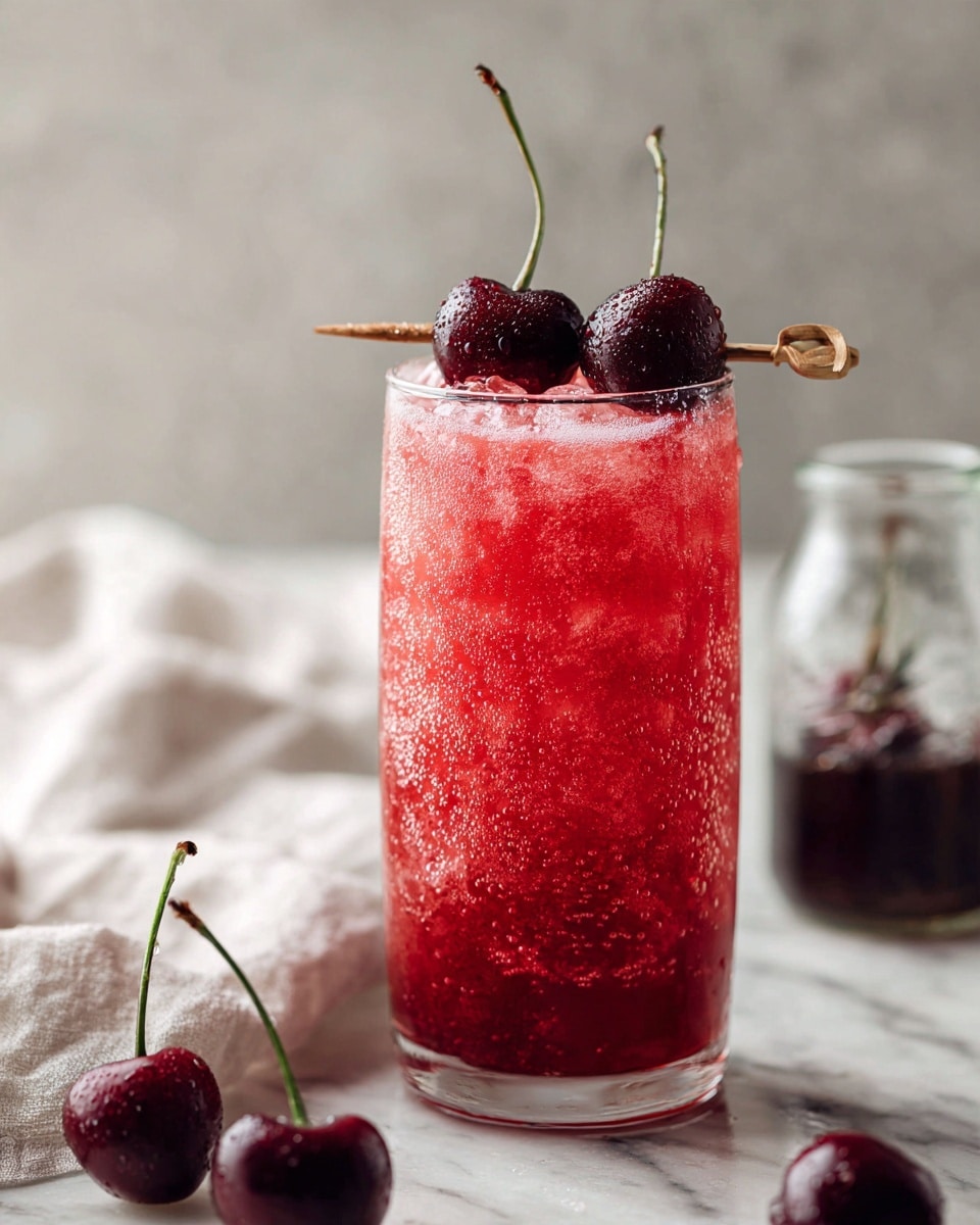 A tall clear glass filled with a bright red frothy drink, with tiny bubbles visible on the surface, topped by a skewer holding two dark red cherries with green stems. The glass is on a round light beige tray with small silver beads scattered nearby and a small jar with dark liquid in the background, all set on a white marbled surface. Photo taken with an iphone --ar 4:5 --v 7