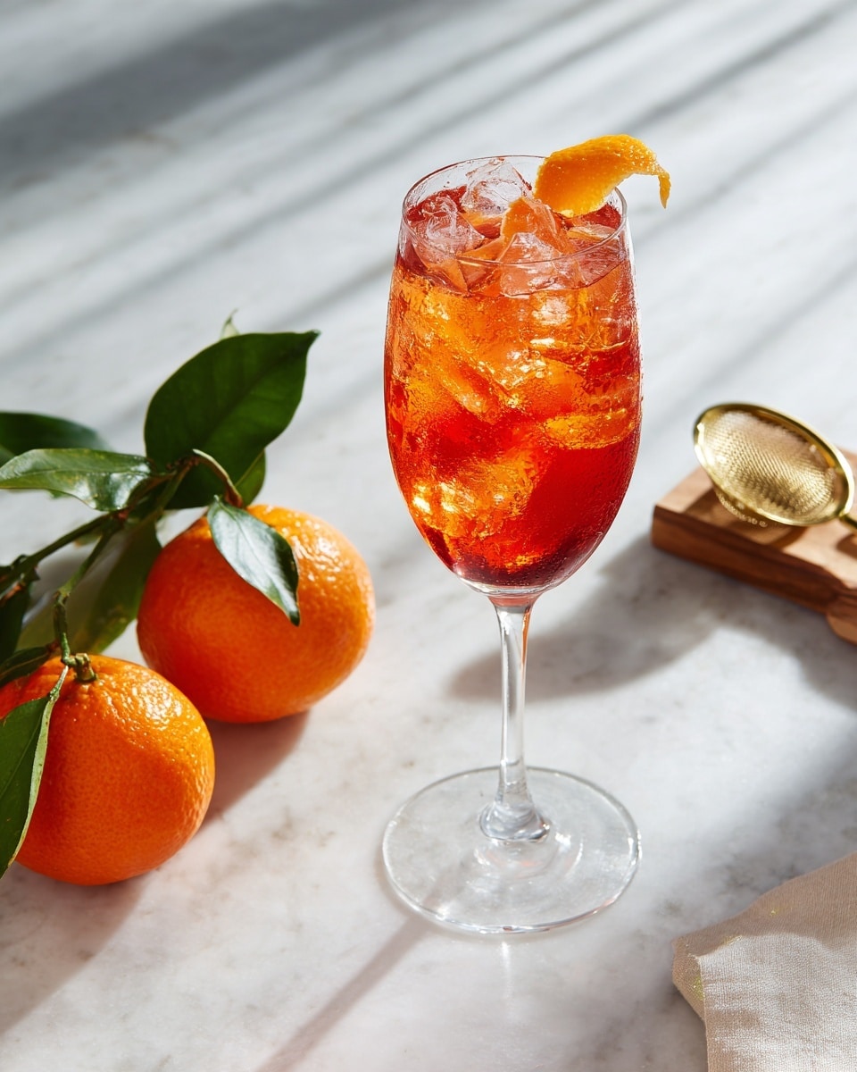 The image shows a tall, clear wine glass filled with a red drink and ice cubes, with a small orange peel twist hanging on the rim. Next to the glass, there are two round oranges with green leaves attached. A small brass measuring cup lies on its side near the oranges. On the right edge, part of a clear glass tumbler is visible. Everything is placed on a white marbled surface with soft shadows, and the background is plain white. Photo taken with an iphone --ar 4:5 --v 7