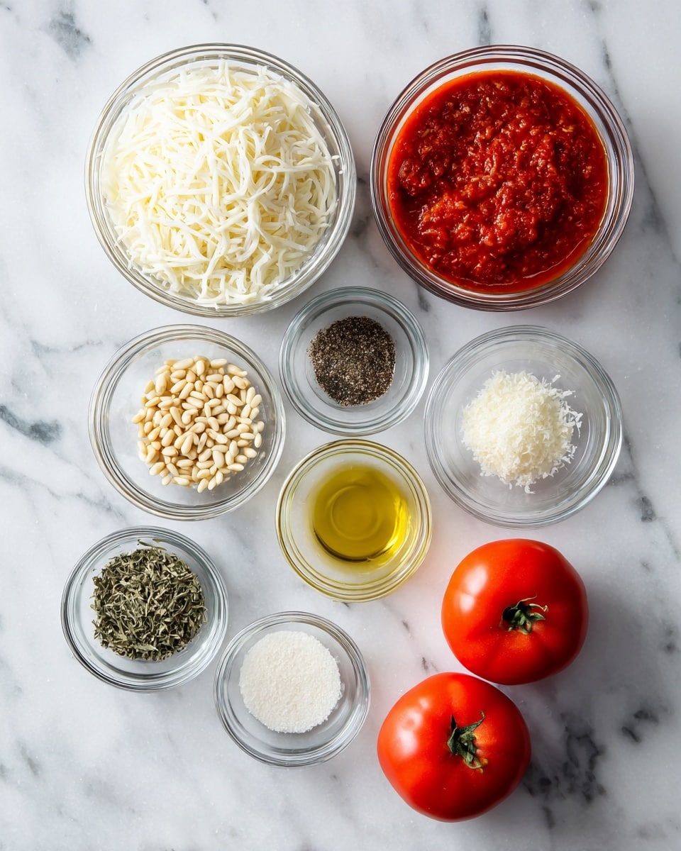 The image shows several small clear glass bowls placed on a white marbled surface, each containing different ingredients. One bowl has bright red tomato sauce with a smooth texture, another bowl holds shredded white cheese, and a third bowl contains grated light yellow cheese. Two whole red tomatoes are set next to the bowls, and smaller bowls contain yellowish pine nuts, dried dried herbs, ground black pepper, white salt, and a light golden oil. The arrangement is neat, and the colors contrast well against the white marbled background, creating a clean and fresh look. Photo taken with an iphone --ar 4:5 --v 7
