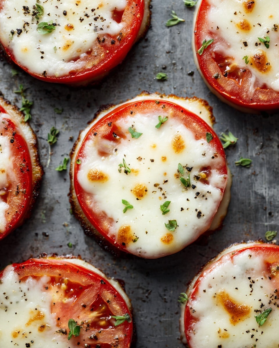 The image shows several round tomato slices arranged closely on a dark baking tray. Each tomato slice has two visible layers: the base layer is a bright red tomato slice with a juicy and slightly soft texture, topped evenly with a thick layer of melted white cheese that has some golden spots, indicating it was baked. Small black pepper flakes and tiny green herb pieces are sprinkled on top of the cheese layer, adding fine texture and color contrast. The background is unchanged, showing the dark surface of the tray. photo taken with an iphone --ar 4:5 --v 7